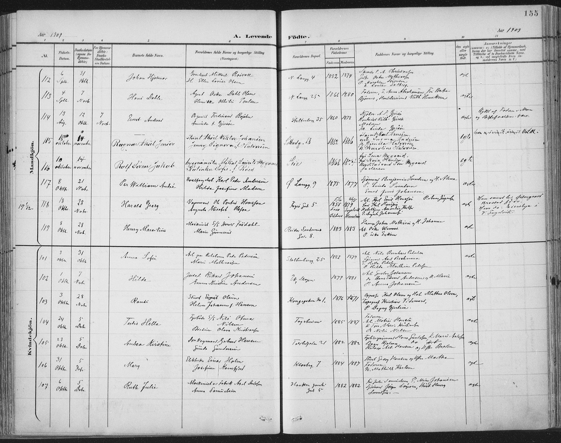 Tønsberg kirkebøker, SAKO/A-330/F/Fa/L0014: Parish register (official) no. I 14, 1900-1913, p. 155