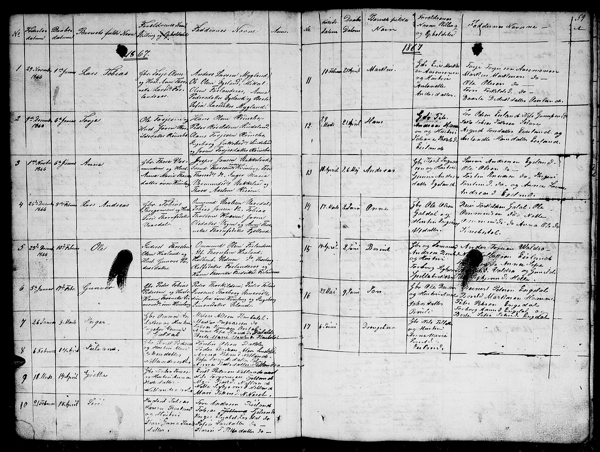 Fjotland sokneprestkontor, SAK/1111-0010/F/Fb/L0002: Parish register (copy) no. B 2, 1841-1871, p. 54