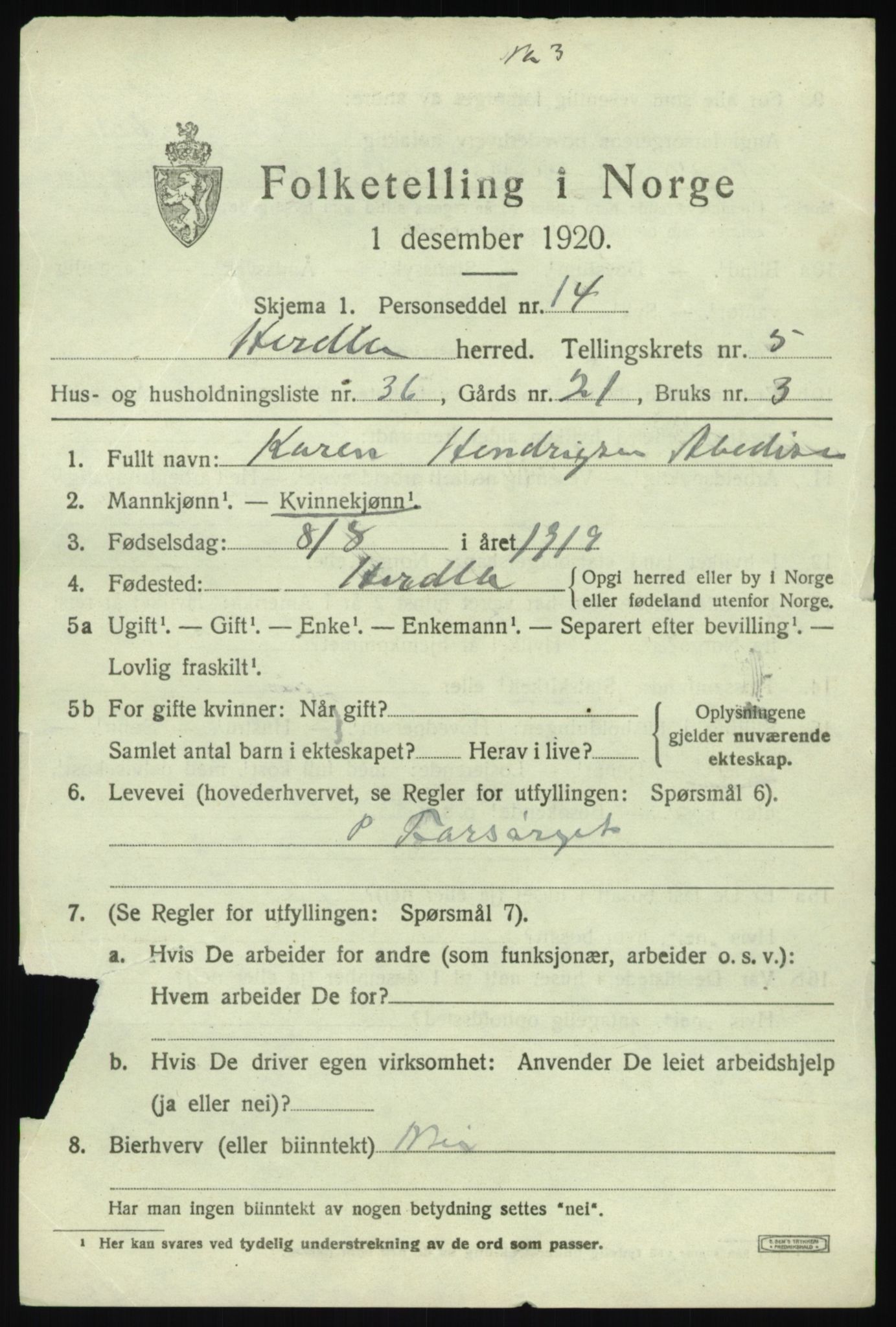 SAB, 1920 census for Herdla, 1920, p. 4357