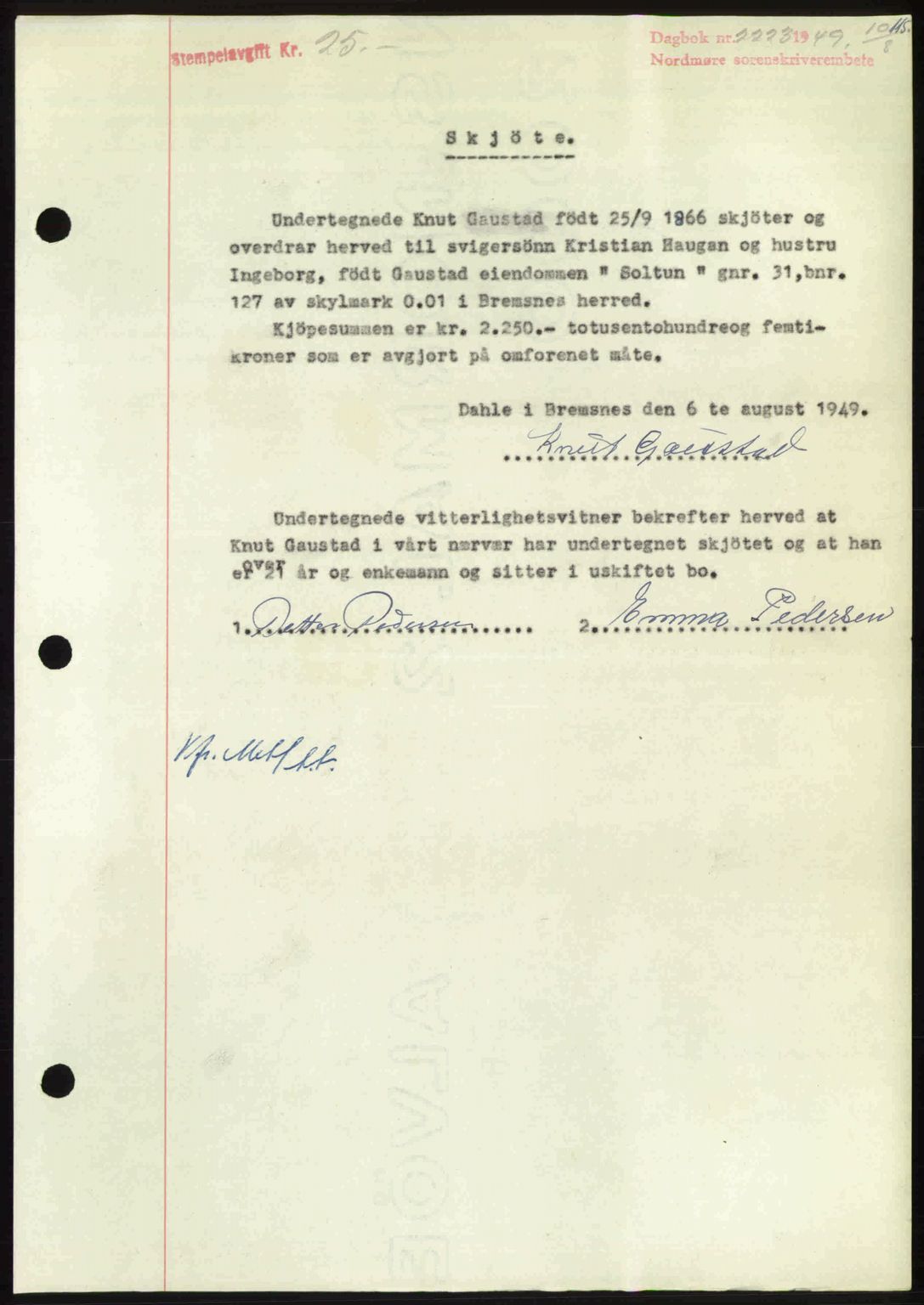 Nordmøre sorenskriveri, AV/SAT-A-4132/1/2/2Ca: Mortgage book no. A112, 1949-1949, Diary no: : 2223/1949