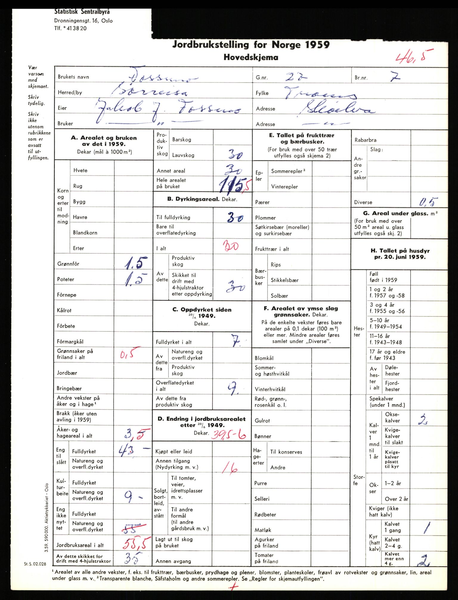 Statistisk sentralbyrå, Næringsøkonomiske emner, Jordbruk, skogbruk, jakt, fiske og fangst, AV/RA-S-2234/G/Gd/L0656: Troms: 1924 Målselv (kl. 0-3) og 1925 Sørreisa, 1959, p. 1163