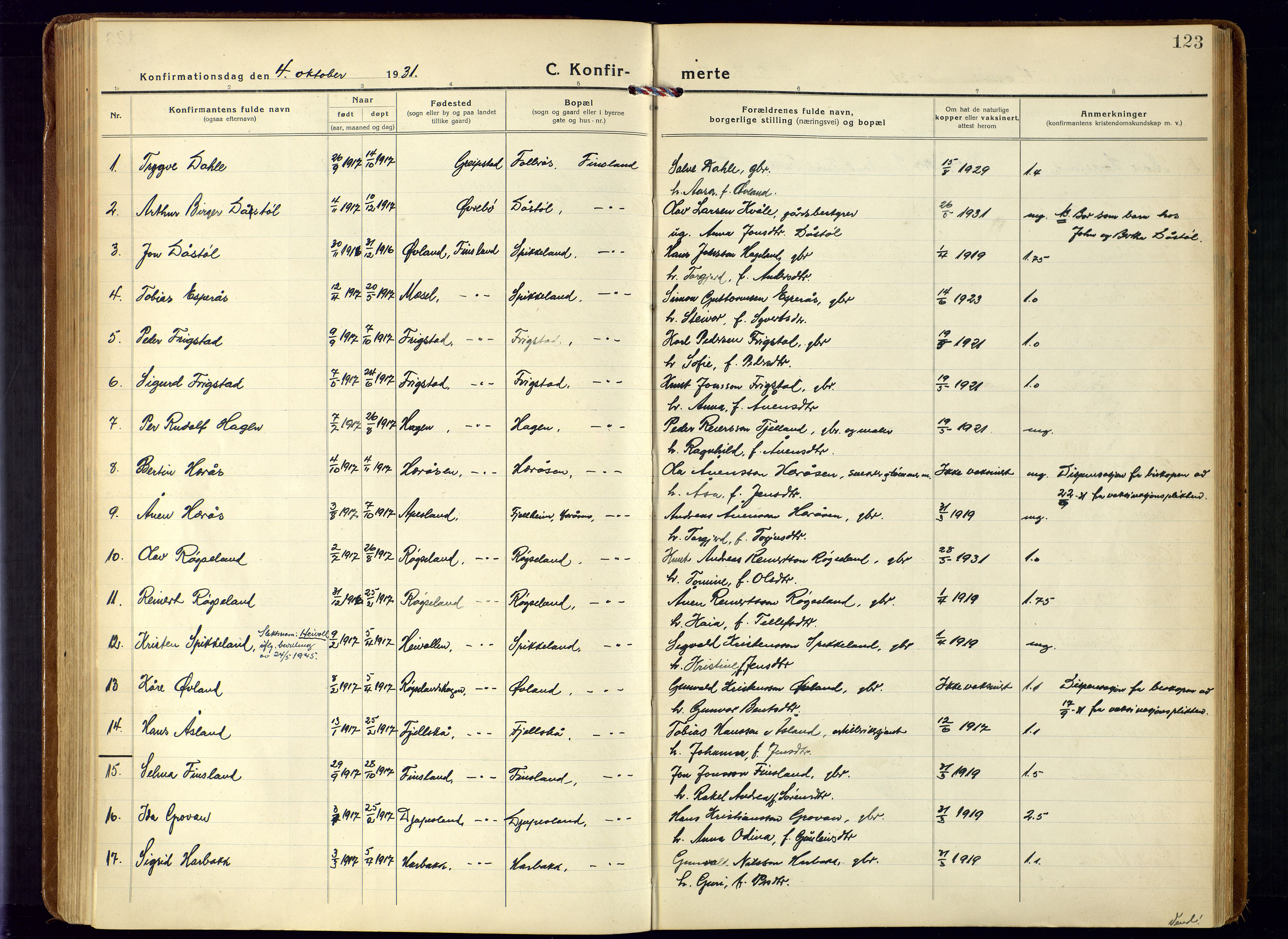Bjelland sokneprestkontor, SAK/1111-0005/F/Fa/Fab/L0005: Parish register (official) no. A 5, 1921-1951, p. 123