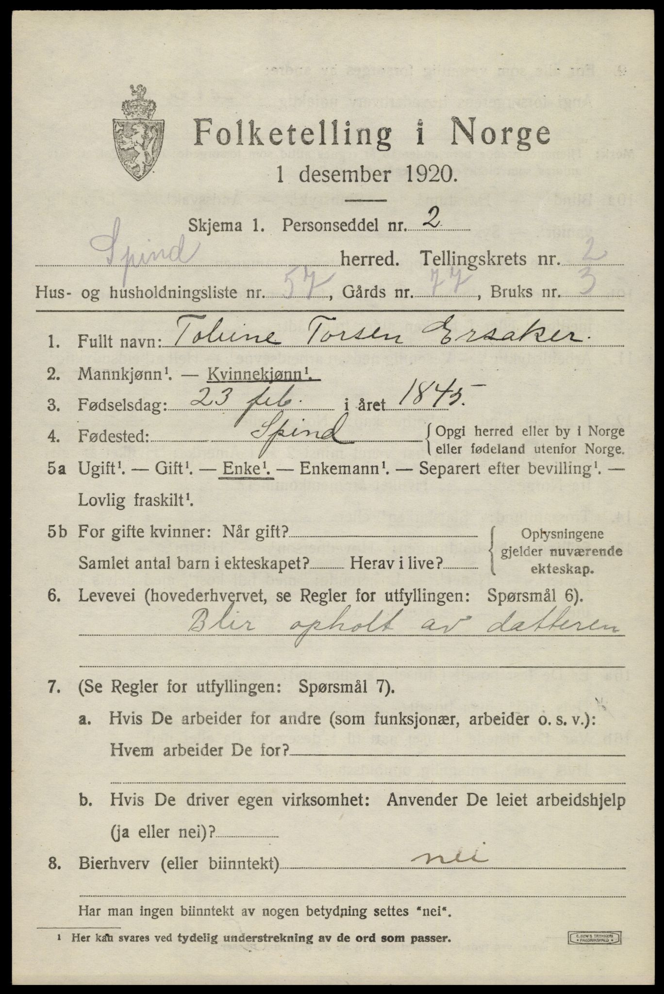SAK, 1920 census for Spind, 1920, p. 1601