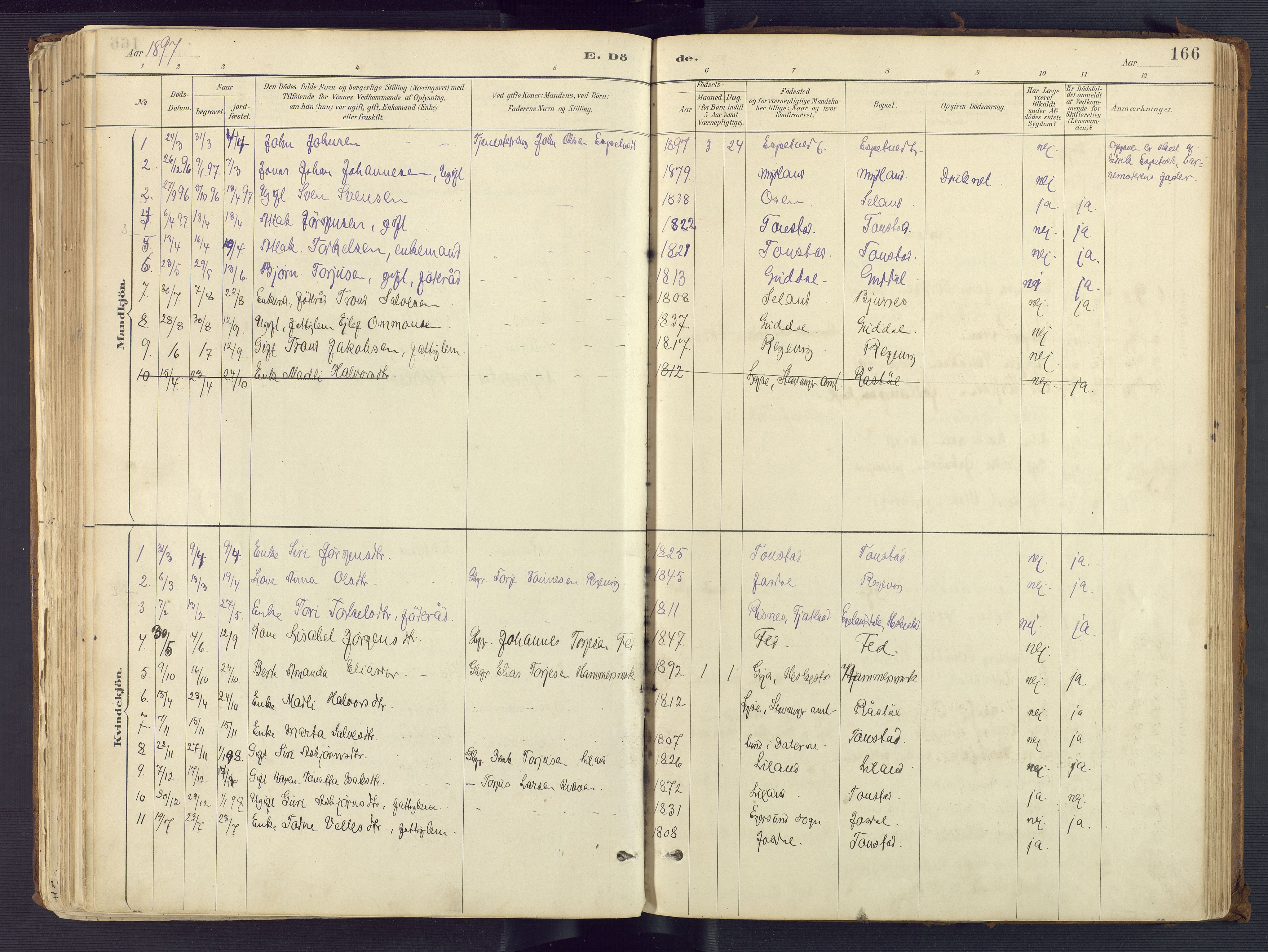 Sirdal sokneprestkontor, AV/SAK-1111-0036/F/Fa/Fab/L0004: Parish register (official) no. A 4, 1887-1919, p. 166