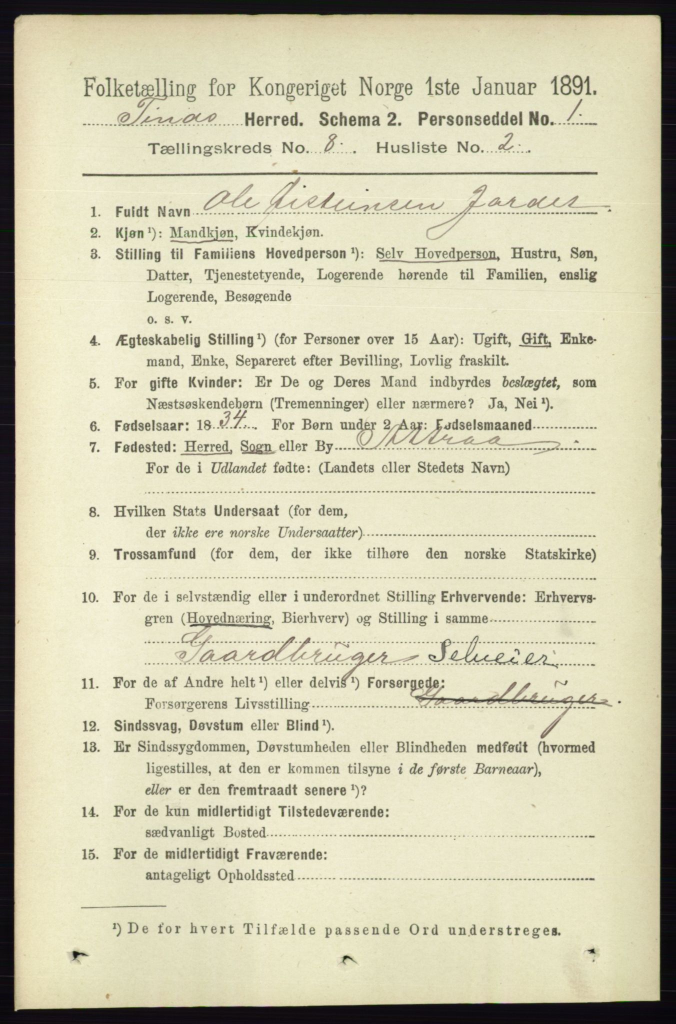 RA, 1891 census for 0826 Tinn, 1891, p. 1664