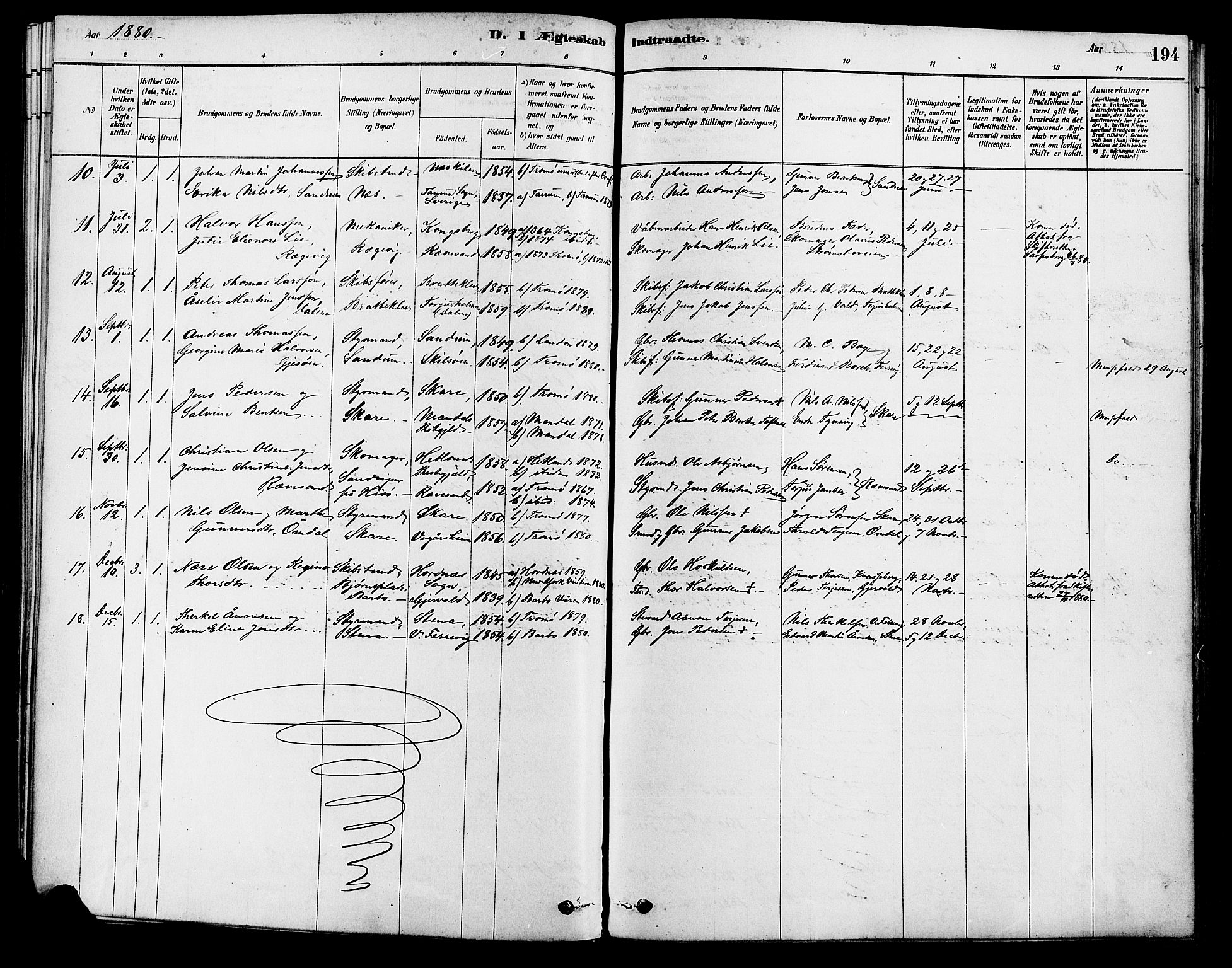 Tromøy sokneprestkontor, AV/SAK-1111-0041/F/Fa/L0009: Parish register (official) no. A 9, 1878-1896, p. 194