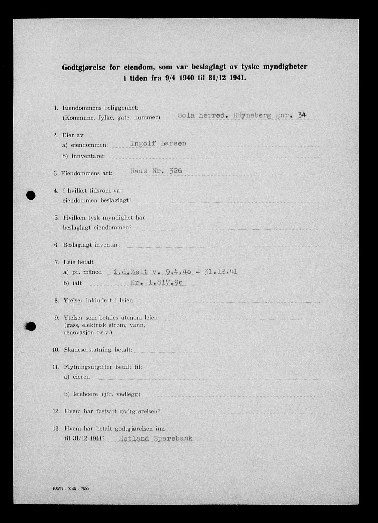 Justisdepartementet, Tilbakeføringskontoret for inndratte formuer, AV/RA-S-1564/I/L1014: Godtgjørelse for beslaglagt eiendom, 1940-1941, p. 478
