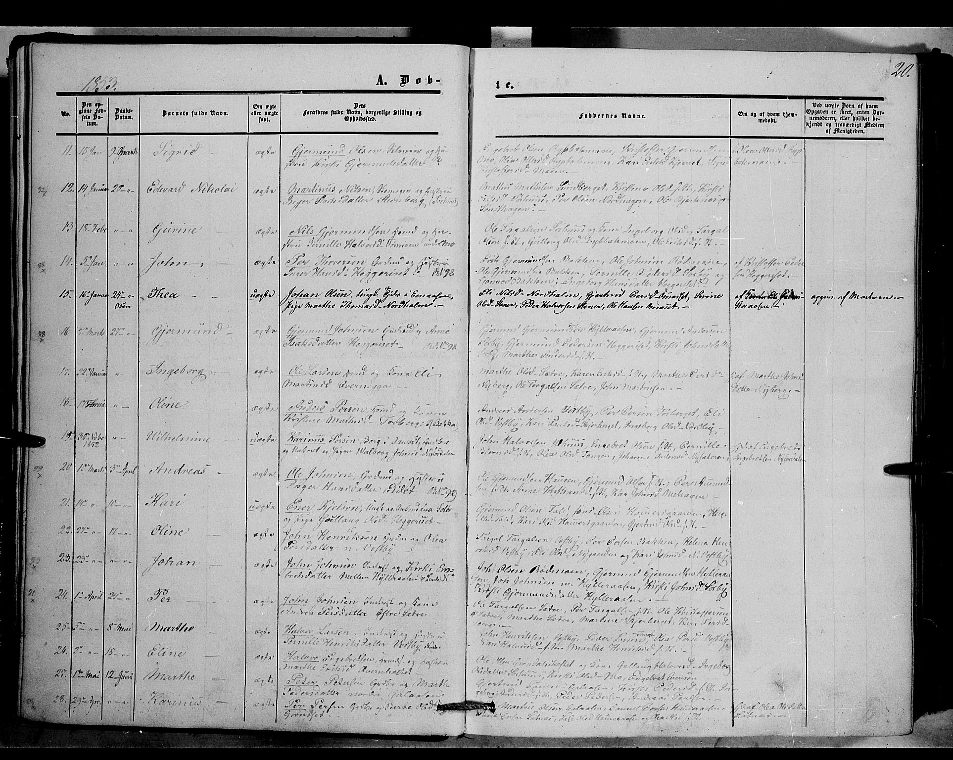 Trysil prestekontor, AV/SAH-PREST-046/H/Ha/Haa/L0005: Parish register (official) no. 5, 1851-1865, p. 20