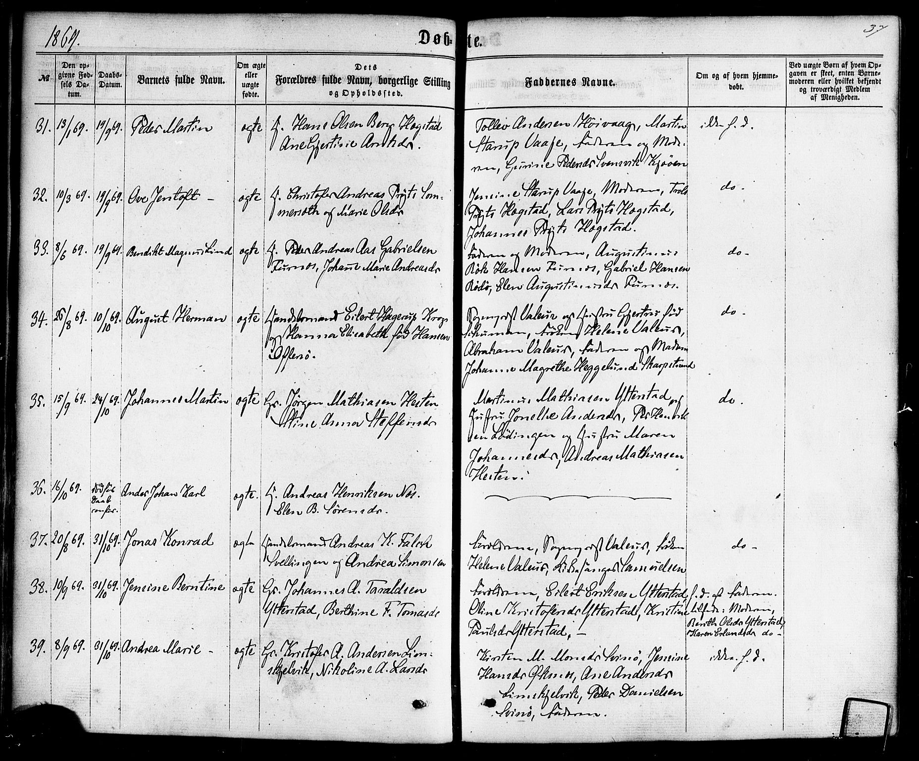 Ministerialprotokoller, klokkerbøker og fødselsregistre - Nordland, AV/SAT-A-1459/872/L1034: Parish register (official) no. 872A09, 1864-1884, p. 37