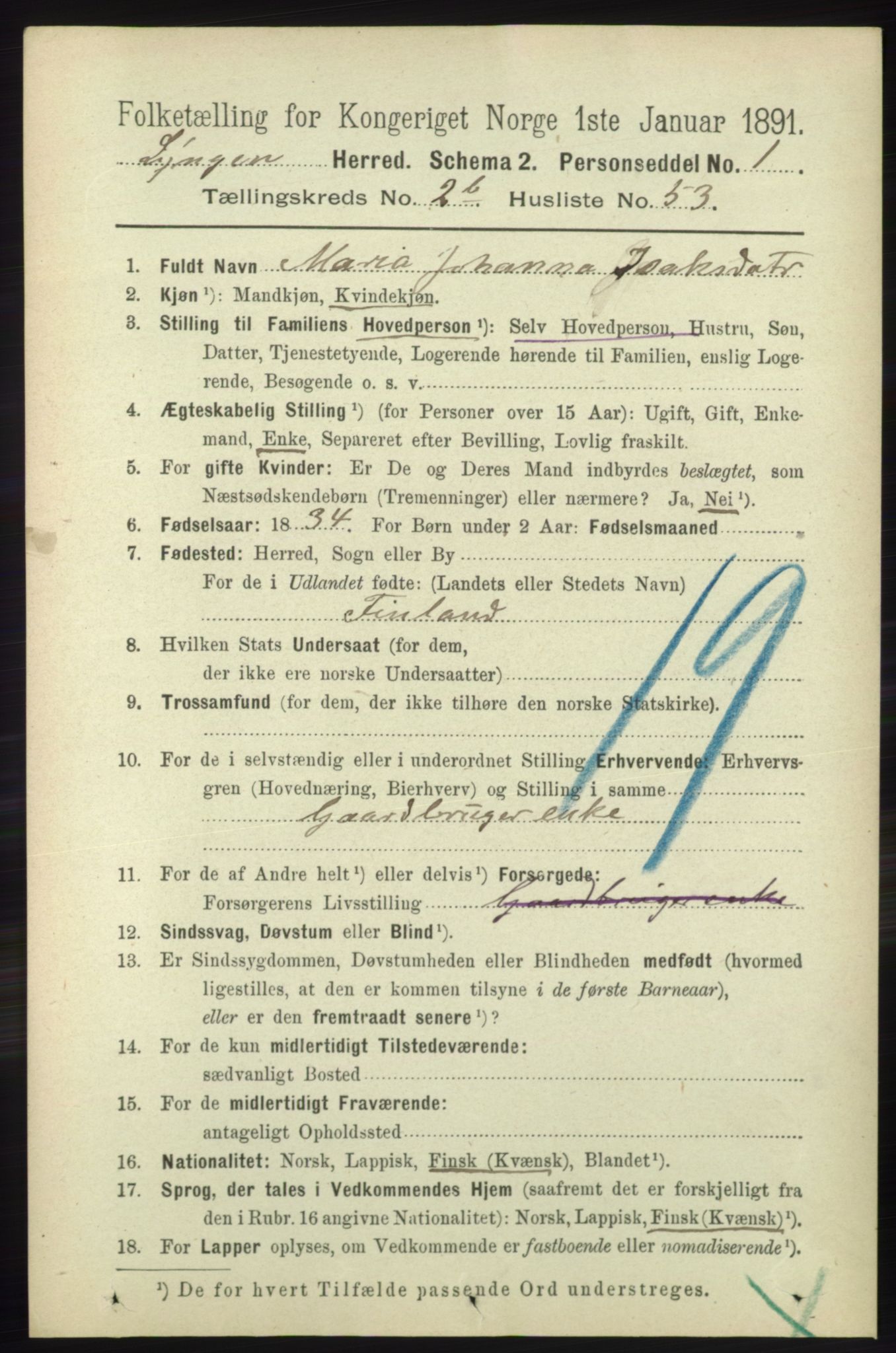 RA, 1891 census for 1938 Lyngen, 1891, p. 2833