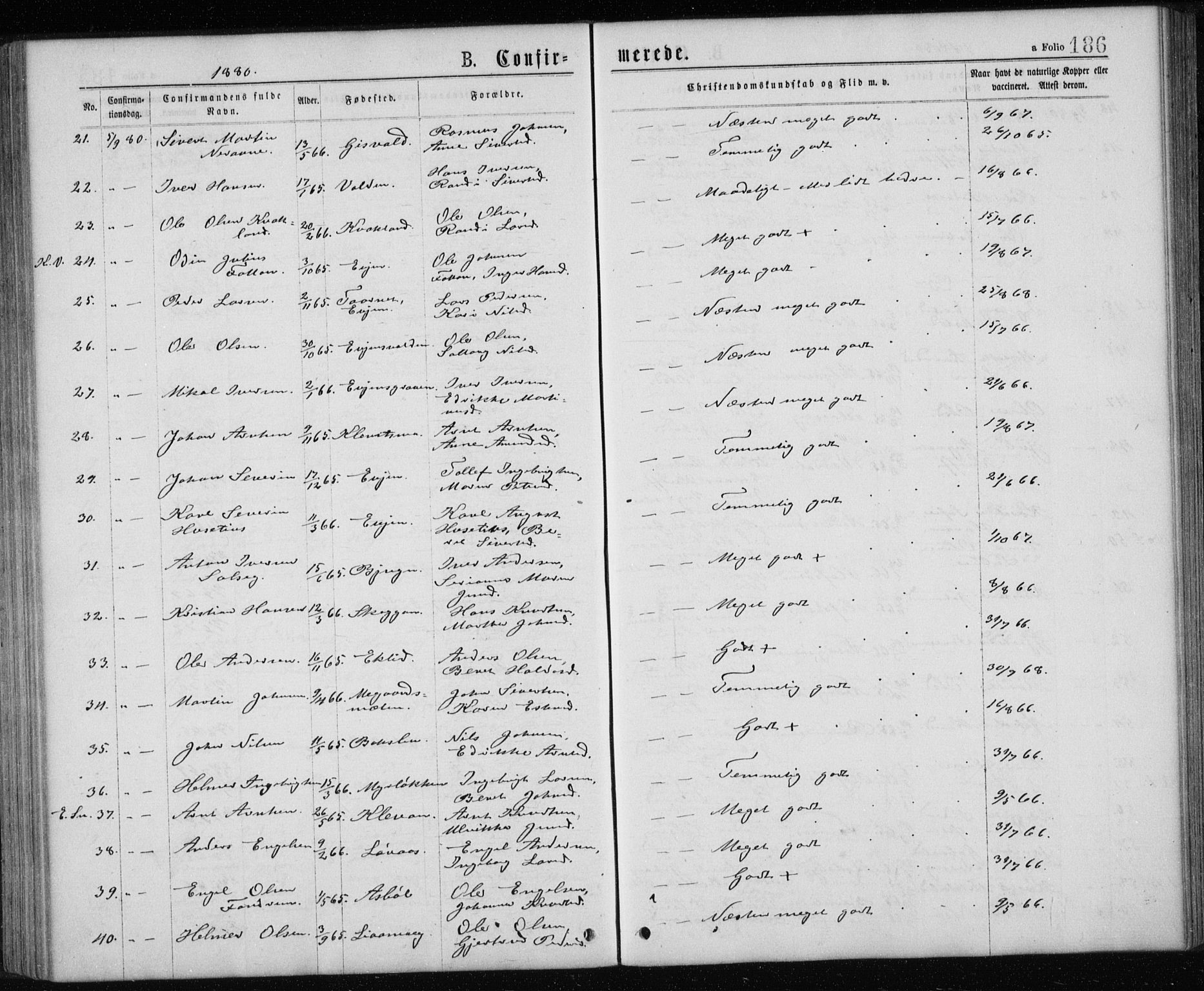 Ministerialprotokoller, klokkerbøker og fødselsregistre - Sør-Trøndelag, SAT/A-1456/668/L0817: Parish register (copy) no. 668C06, 1873-1884, p. 186