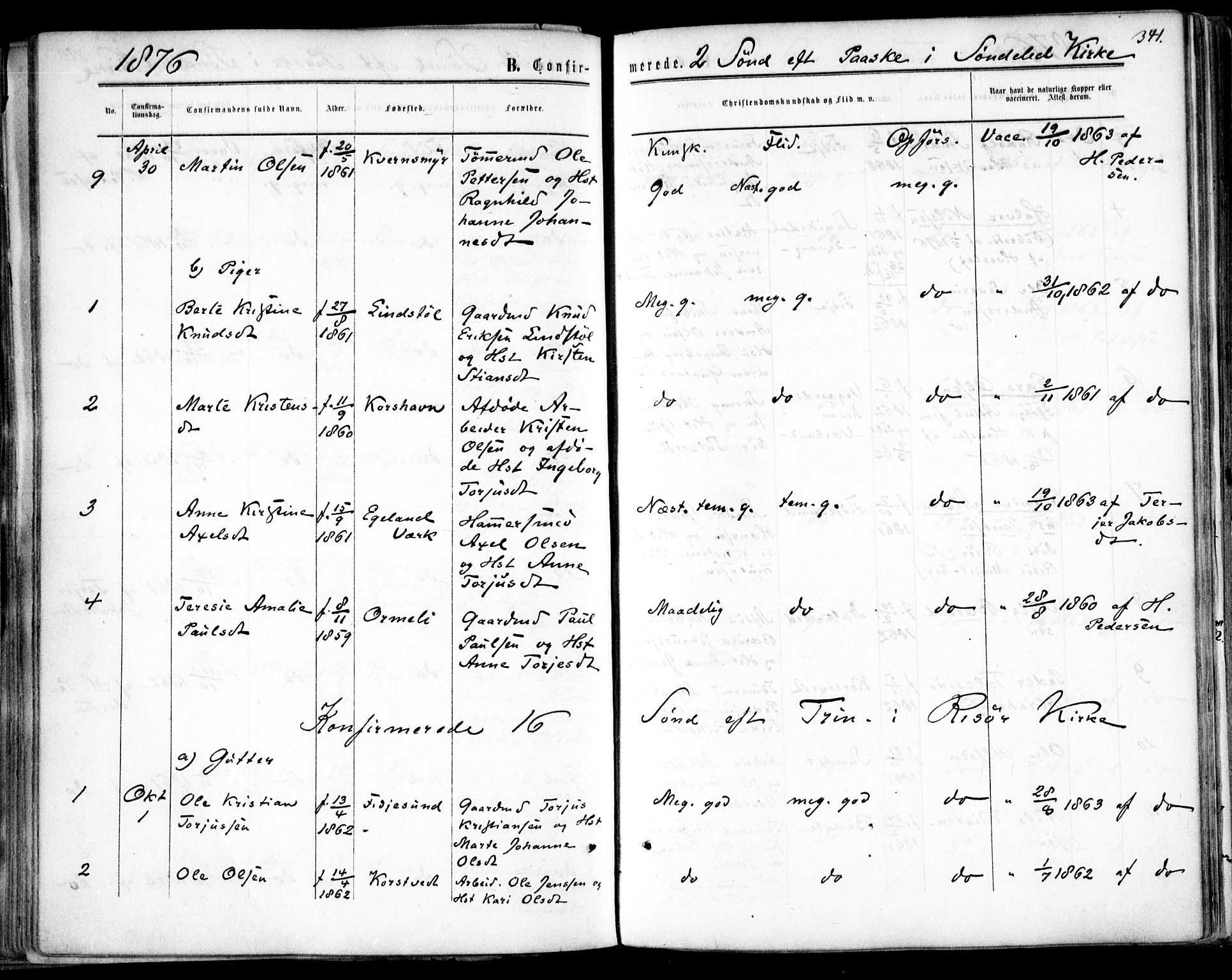 Søndeled sokneprestkontor, AV/SAK-1111-0038/F/Fa/L0003: Parish register (official) no. A 3, 1861-1879, p. 341