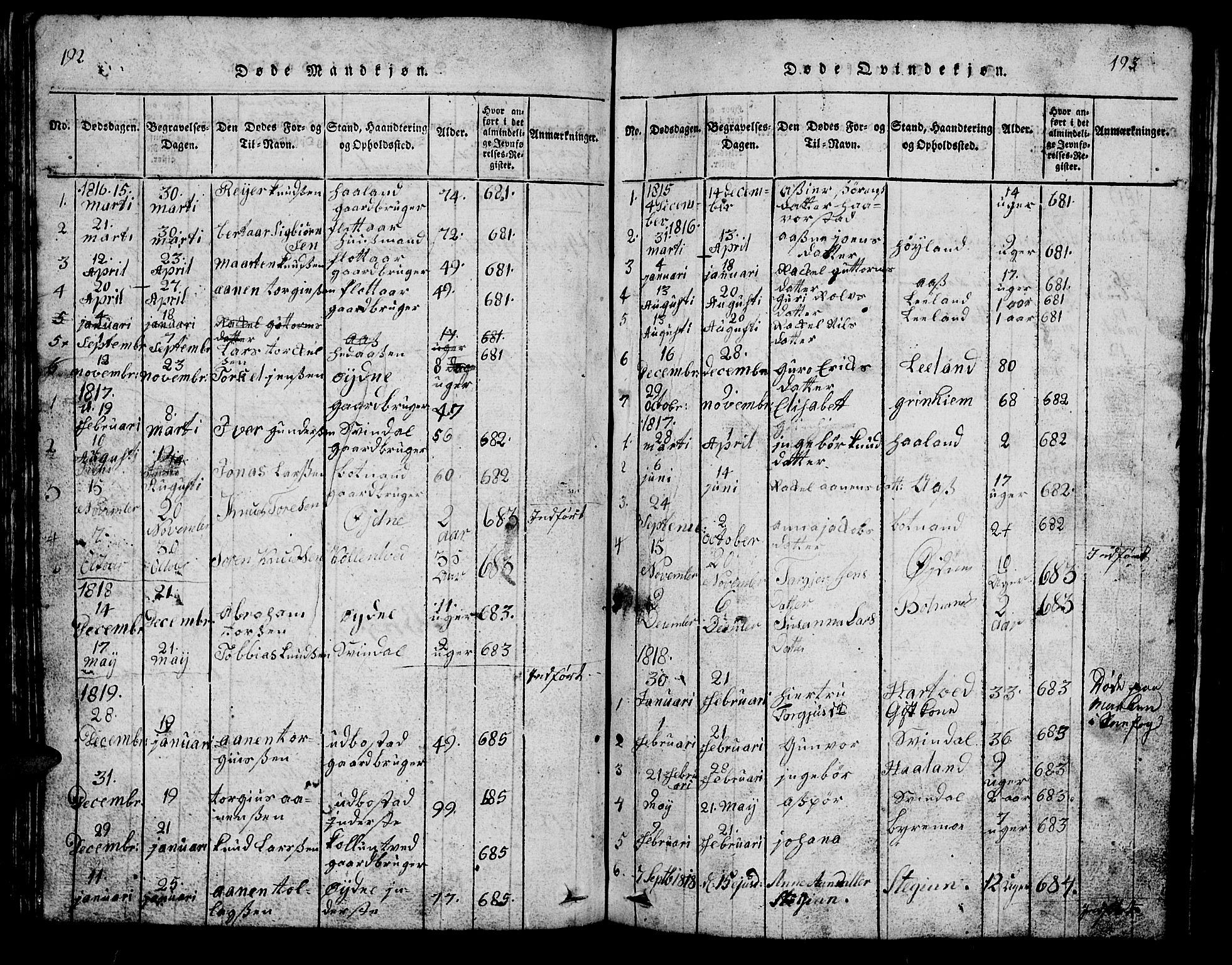 Bjelland sokneprestkontor, SAK/1111-0005/F/Fb/Fbc/L0001: Parish register (copy) no. B 1, 1815-1870, p. 192-193