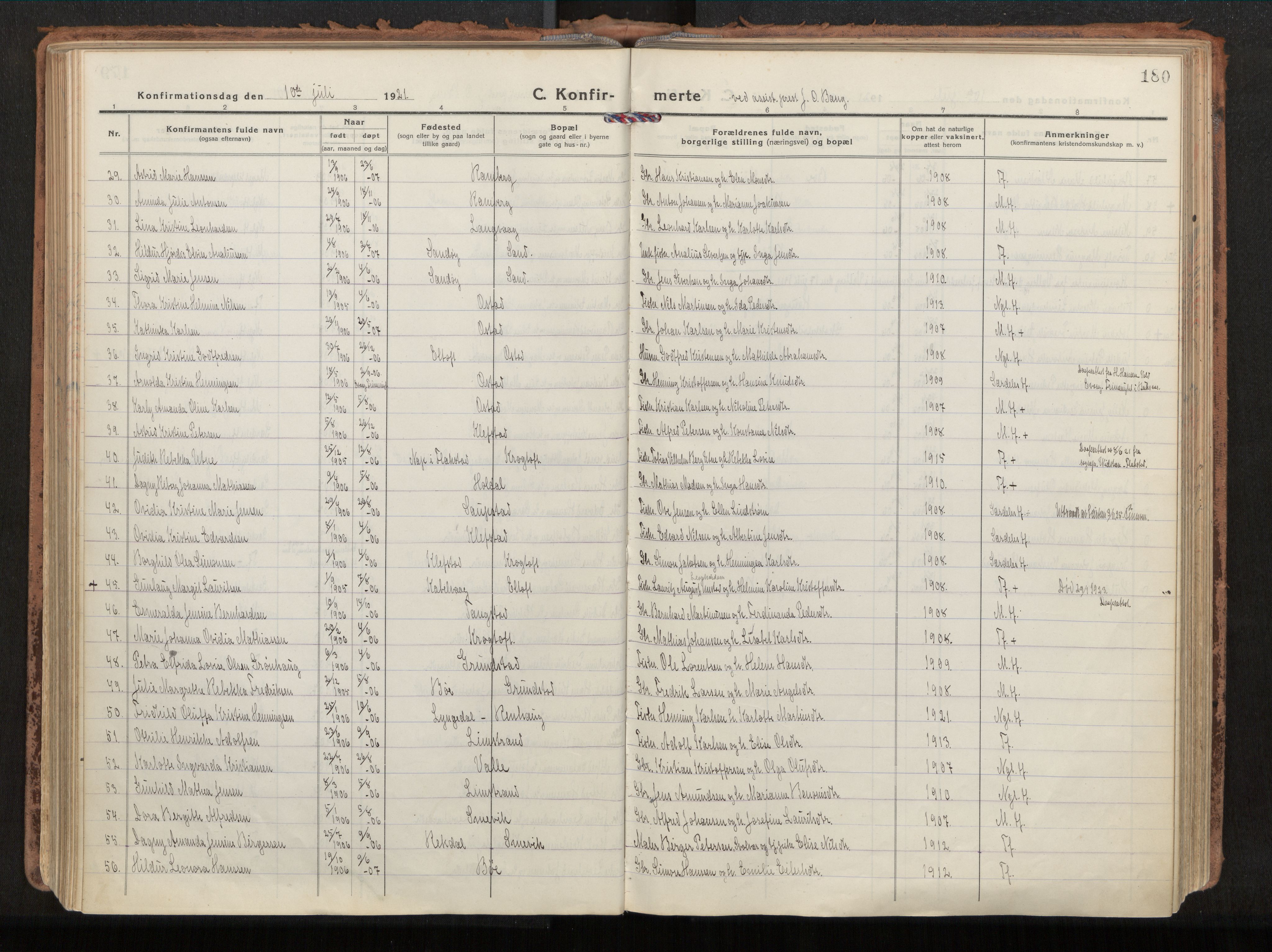 Ministerialprotokoller, klokkerbøker og fødselsregistre - Nordland, AV/SAT-A-1459/880/L1136: Parish register (official) no. 880A10, 1919-1927, p. 180