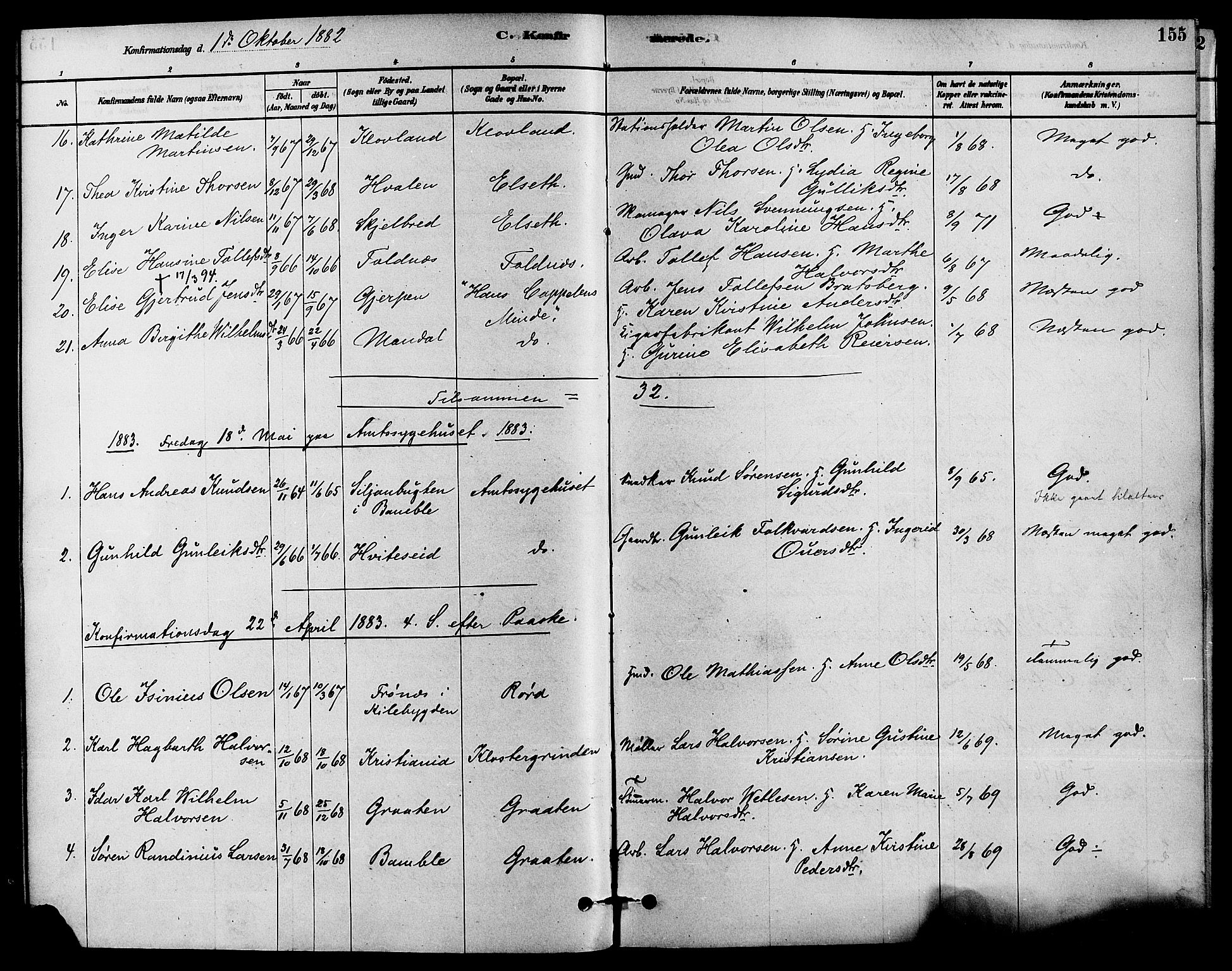 Solum kirkebøker, AV/SAKO-A-306/F/Fa/L0009: Parish register (official) no. I 9, 1877-1887, p. 155