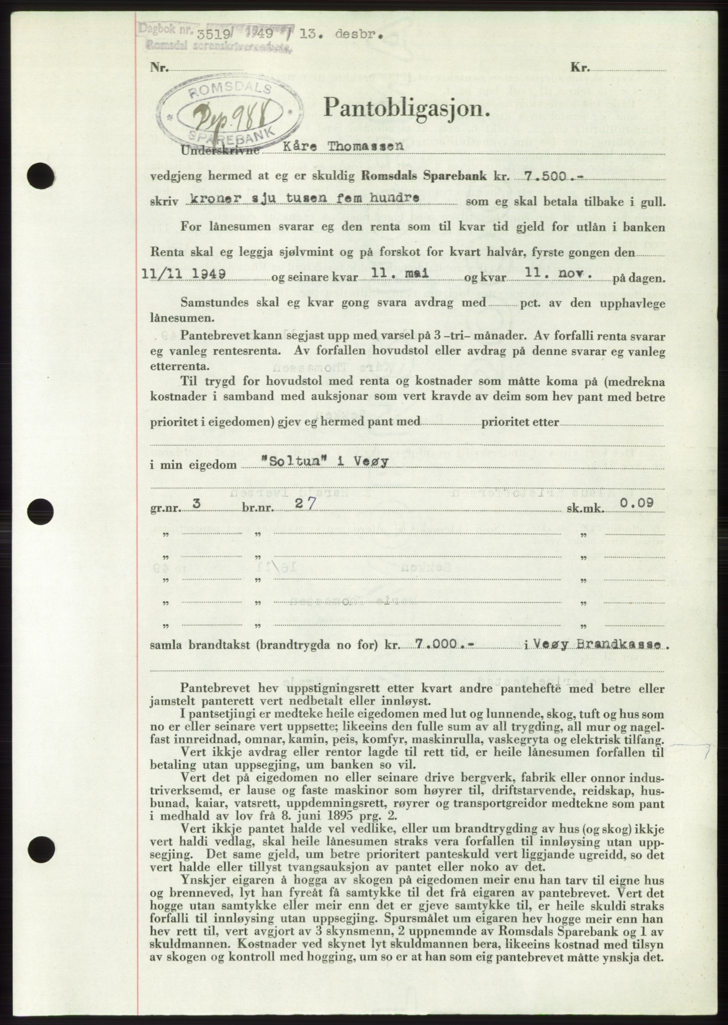 Romsdal sorenskriveri, AV/SAT-A-4149/1/2/2C: Mortgage book no. B5, 1949-1950, Diary no: : 3519/1949