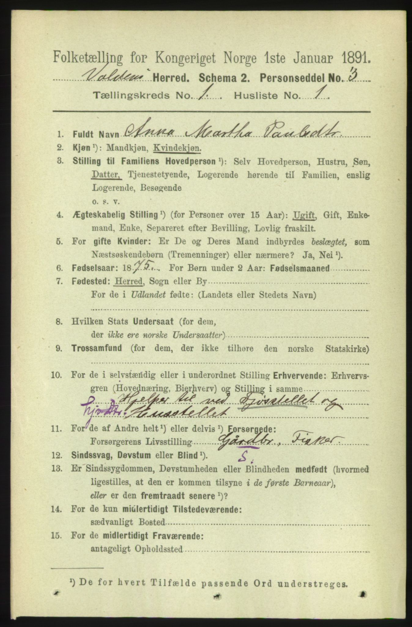 RA, 1891 census for 1519 Volda, 1891, p. 115