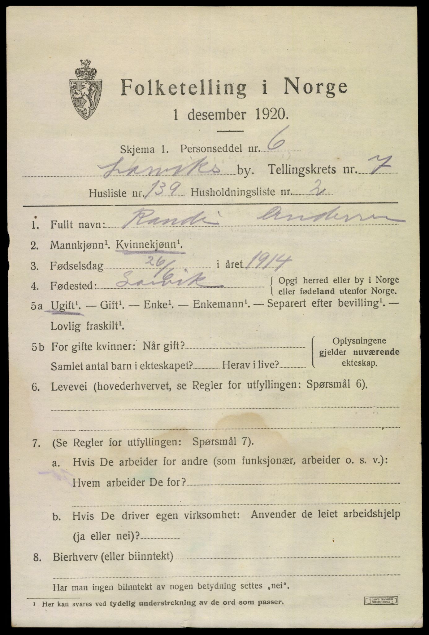 SAKO, 1920 census for Larvik, 1920, p. 22960