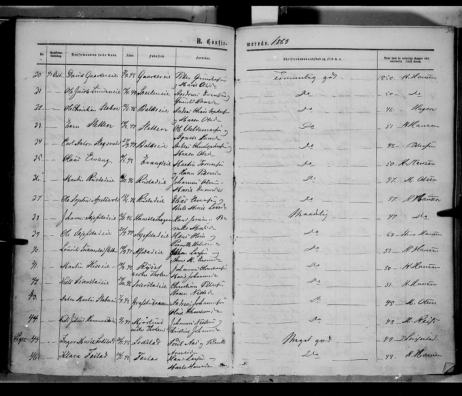 Østre Toten prestekontor, SAH/PREST-104/H/Ha/Haa/L0004: Parish register (official) no. 4, 1857-1865, p. 203