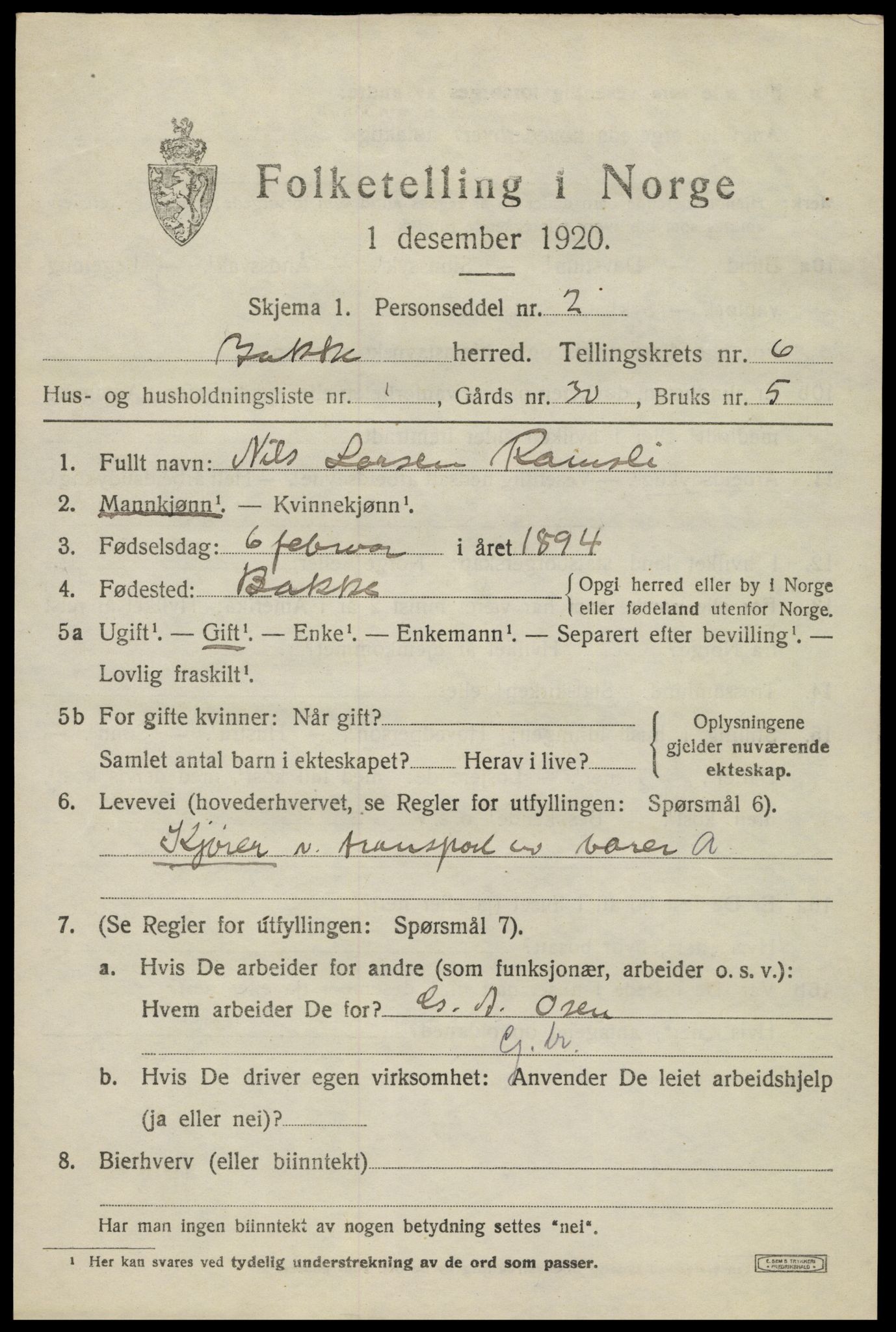 SAK, 1920 census for Bakke, 1920, p. 1816