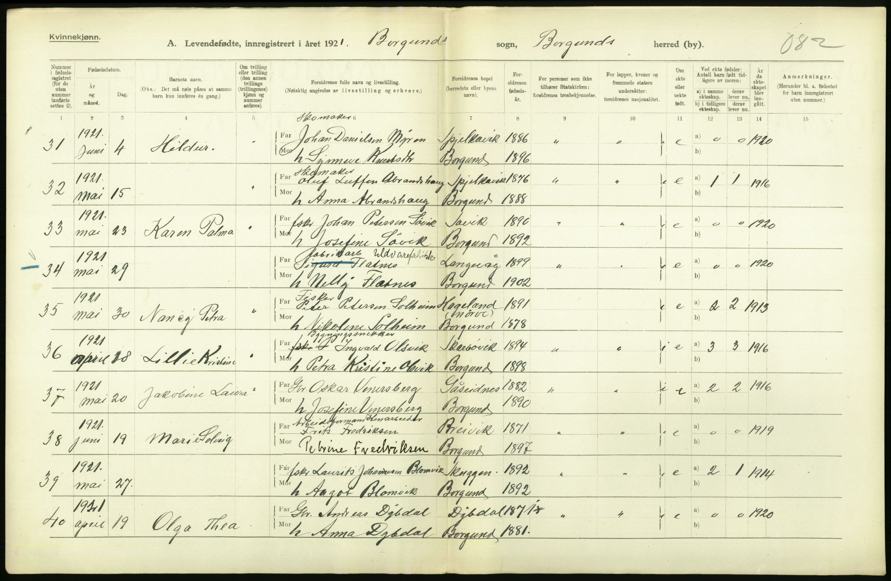 Statistisk sentralbyrå, Sosiodemografiske emner, Befolkning, AV/RA-S-2228/D/Df/Dfc/Dfca/L0040: Møre fylke: Levendefødte menn og kvinner. Bygder., 1921, p. 300