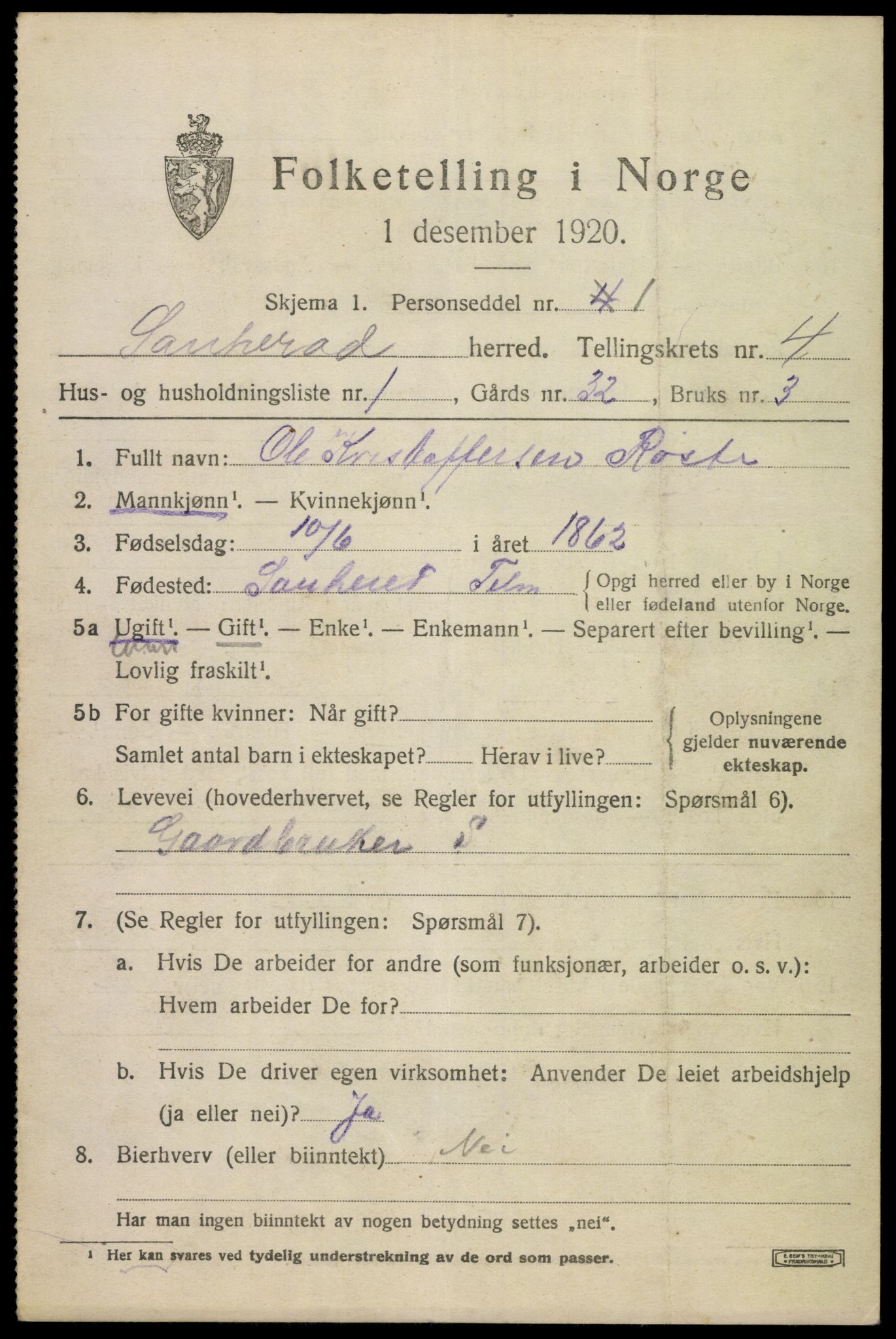 SAKO, 1920 census for Sauherad, 1920, p. 3607