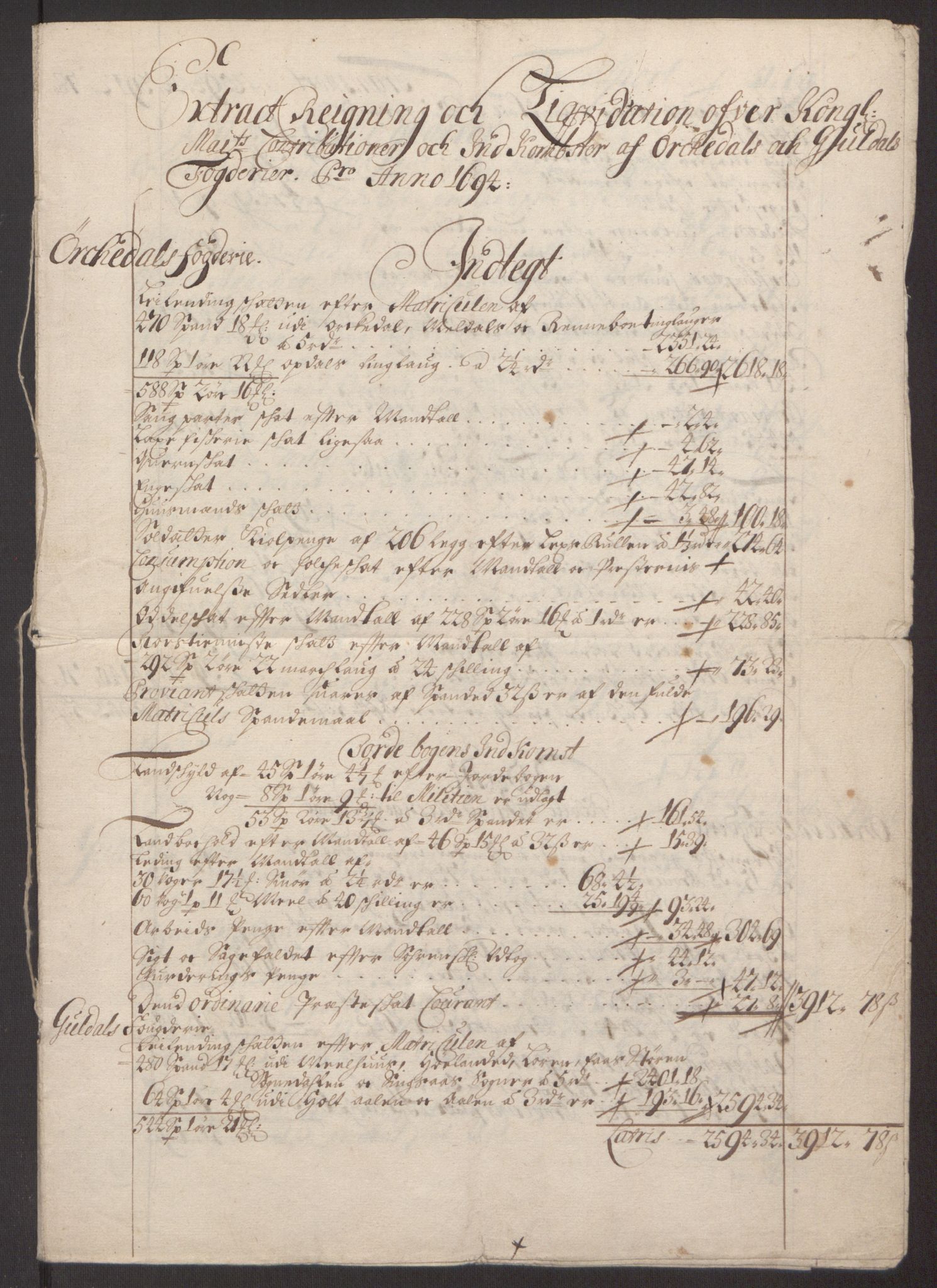 Rentekammeret inntil 1814, Reviderte regnskaper, Fogderegnskap, AV/RA-EA-4092/R60/L3944: Fogderegnskap Orkdal og Gauldal, 1694, p. 256