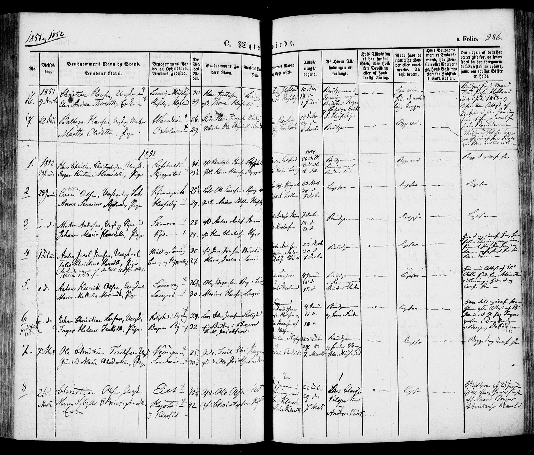 Tjølling kirkebøker, SAKO/A-60/F/Fa/L0006: Parish register (official) no. 6, 1835-1859, p. 286