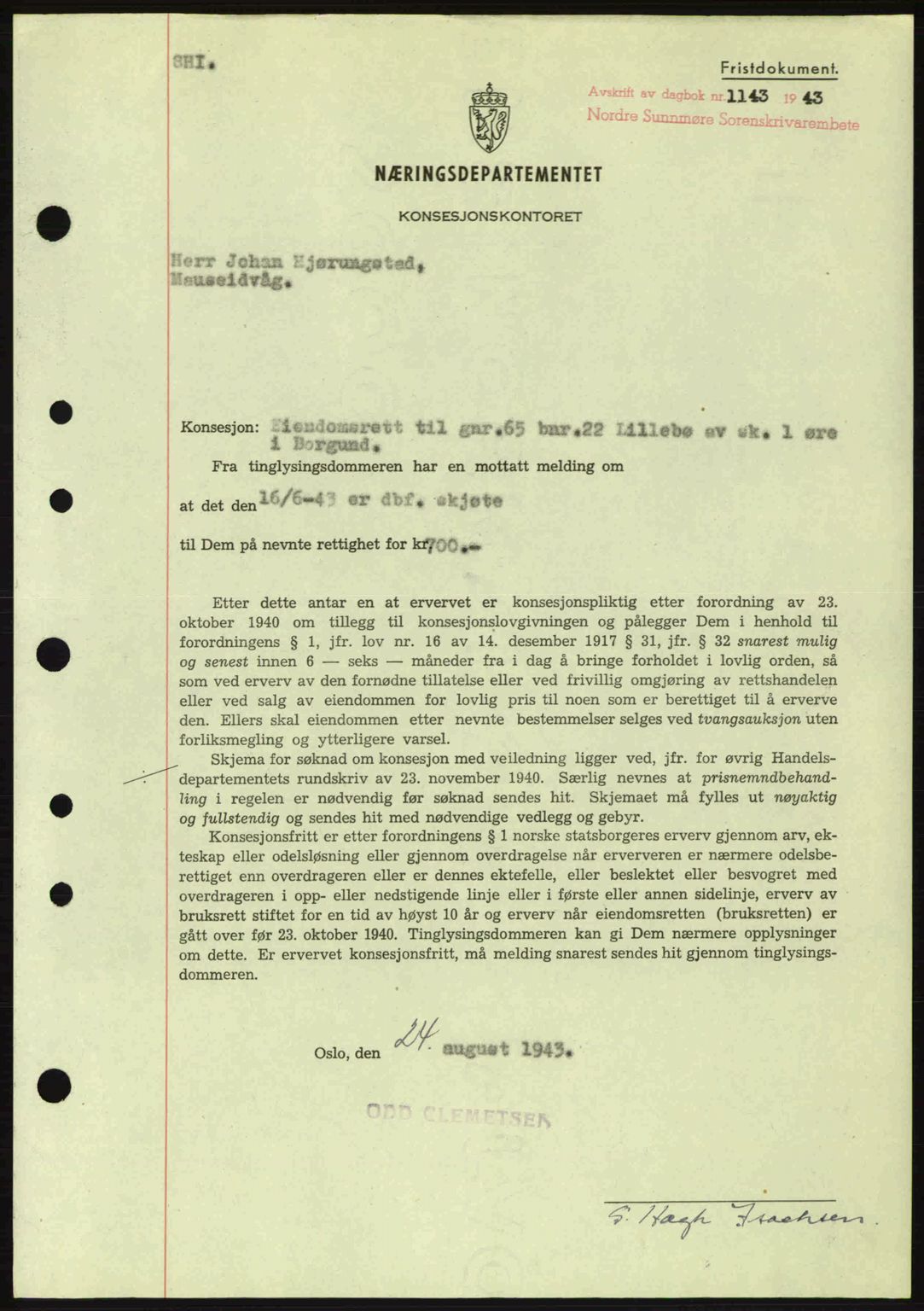 Nordre Sunnmøre sorenskriveri, SAT/A-0006/1/2/2C/2Ca: Mortgage book no. B6-14 a, 1942-1945, Diary no: : 1143/1943