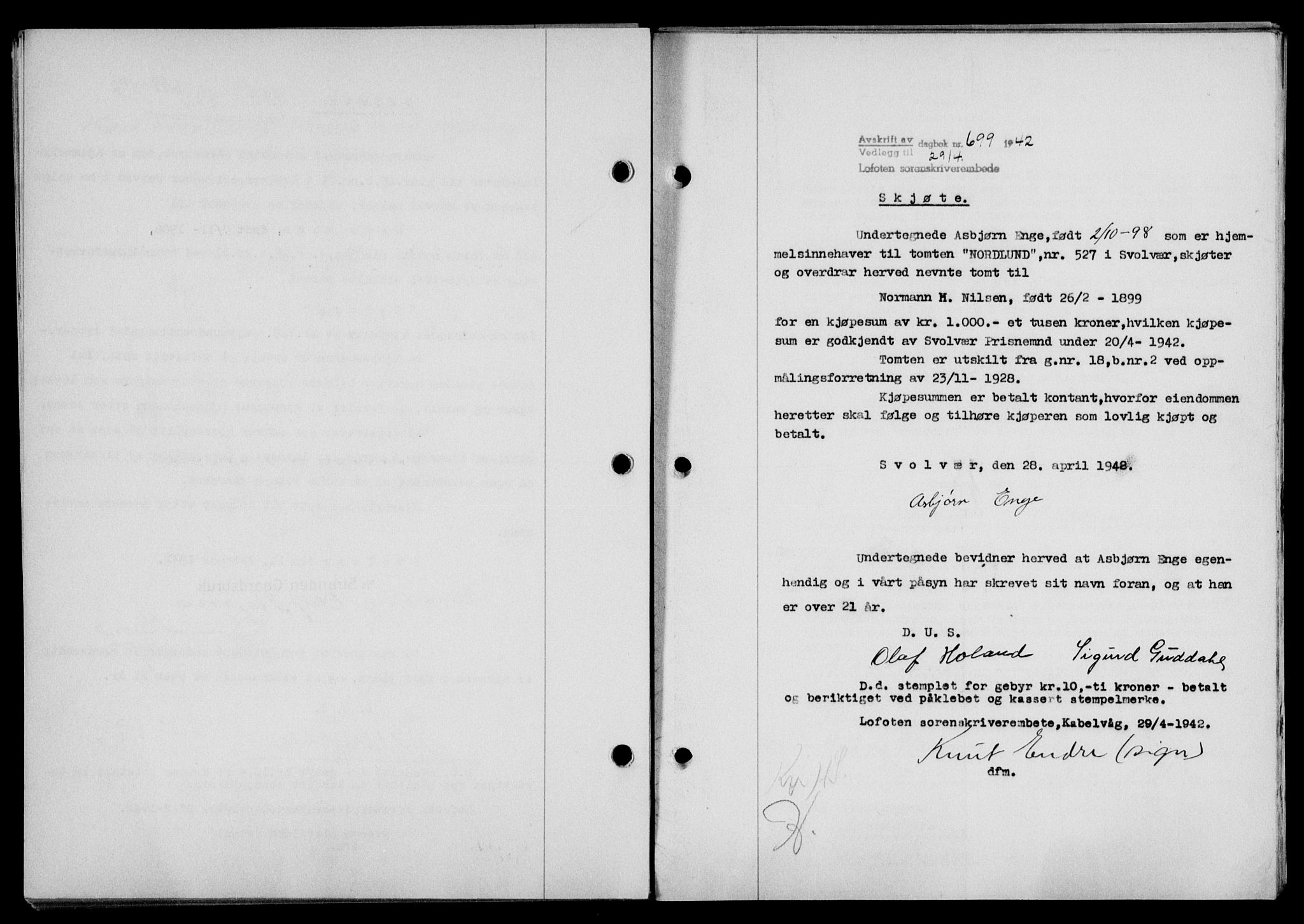 Lofoten sorenskriveri, SAT/A-0017/1/2/2C/L0009a: Mortgage book no. 9a, 1941-1942, Diary no: : 699/1942