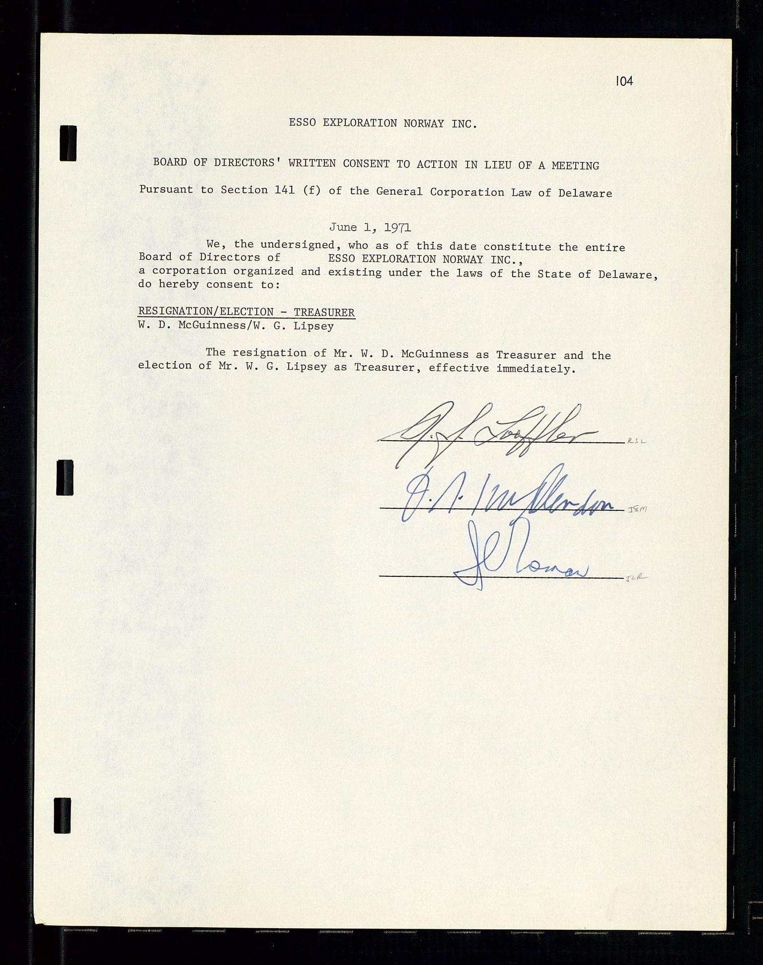 Pa 1512 - Esso Exploration and Production Norway Inc., AV/SAST-A-101917/A/Aa/L0001/0001: Styredokumenter / Corporate records, By-Laws, Board meeting minutes, Incorporations, 1965-1975, p. 104