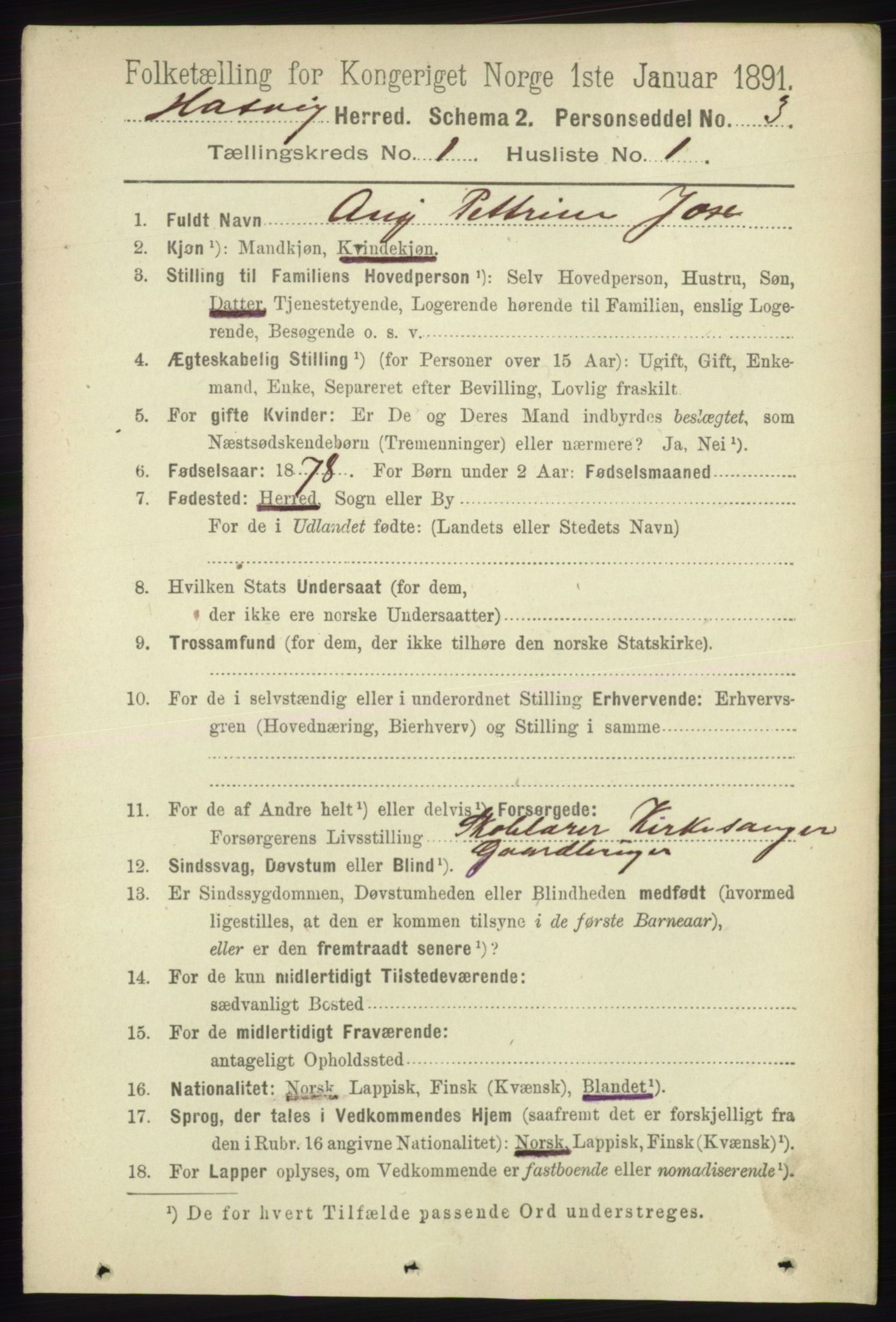 RA, 1891 census for 2015 Hasvik, 1891, p. 59