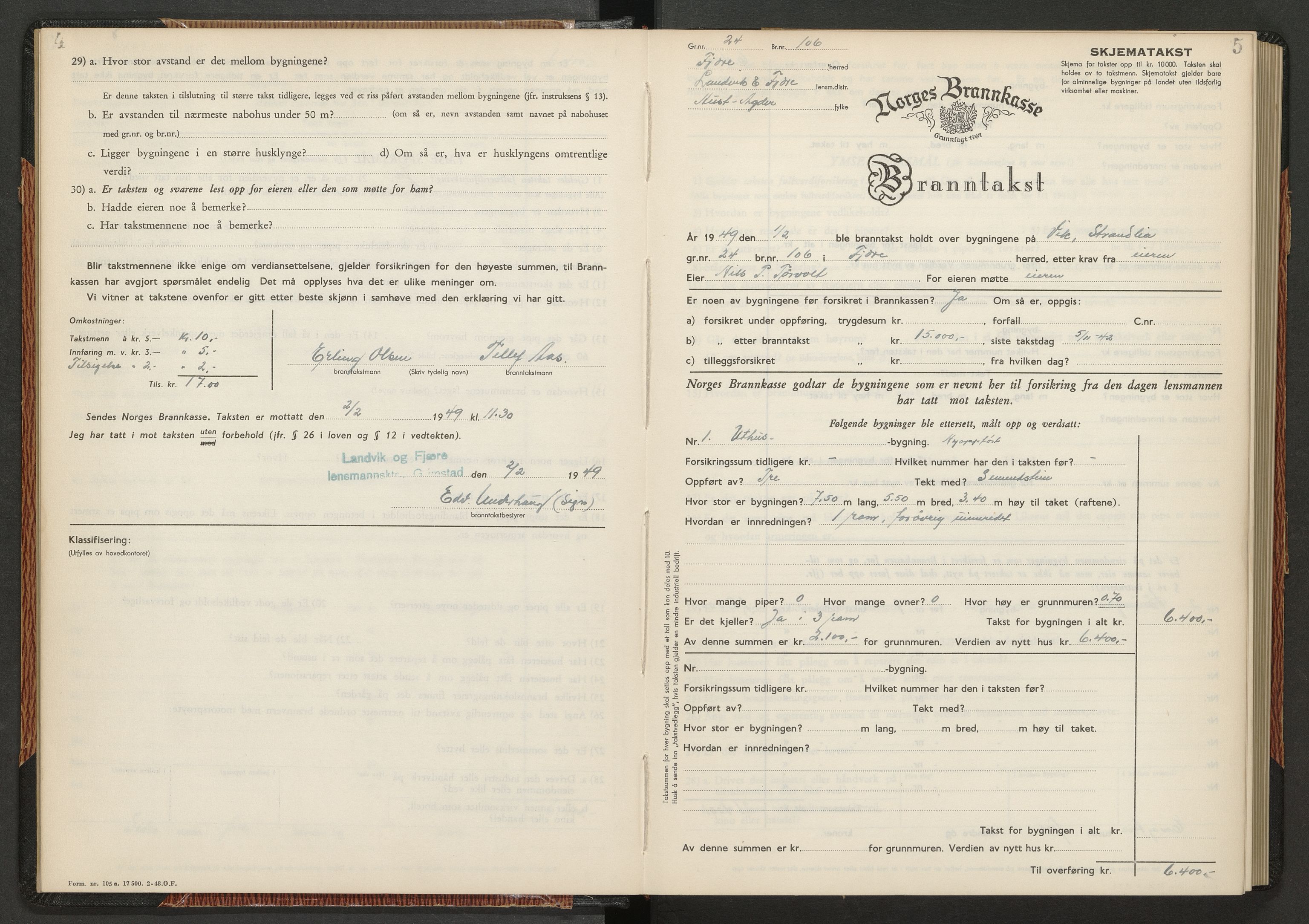 Norges Brannkasse Landvik og Fjære, SAK/2241-0032/F/Fa/L0025: Branntakstprotokoll nr. 25, 1949-1952