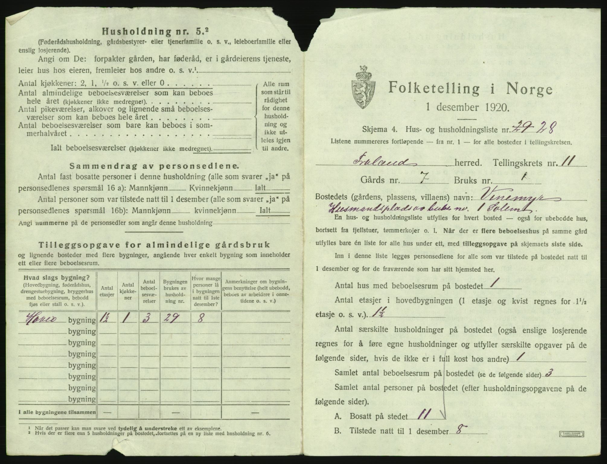 SAK, 1920 census for Froland, 1920, p. 955