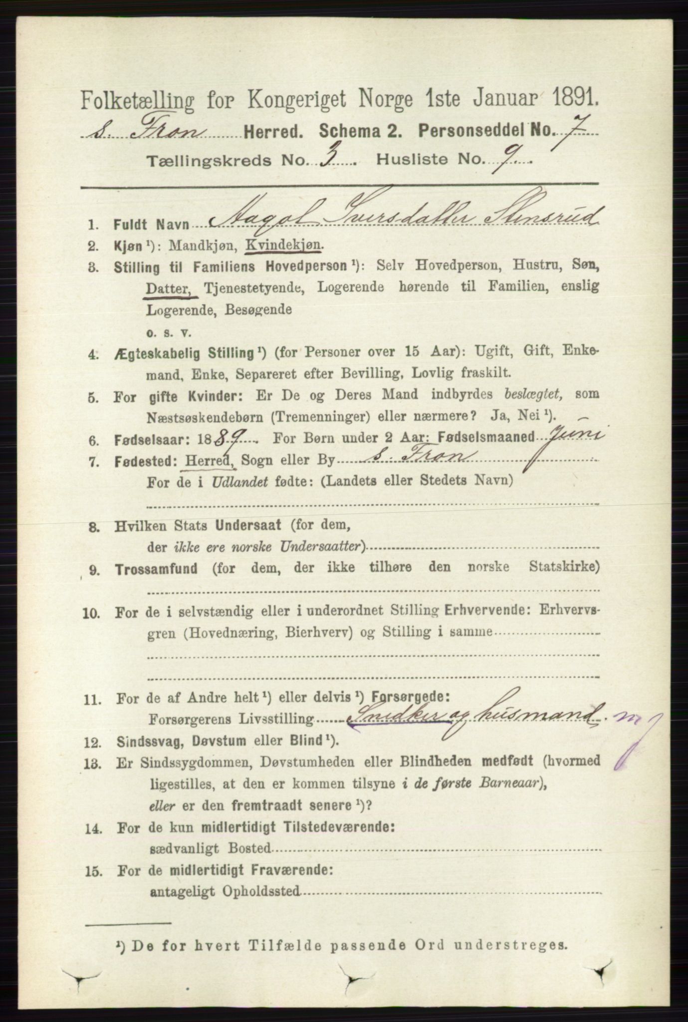 RA, 1891 census for 0519 Sør-Fron, 1891, p. 1016