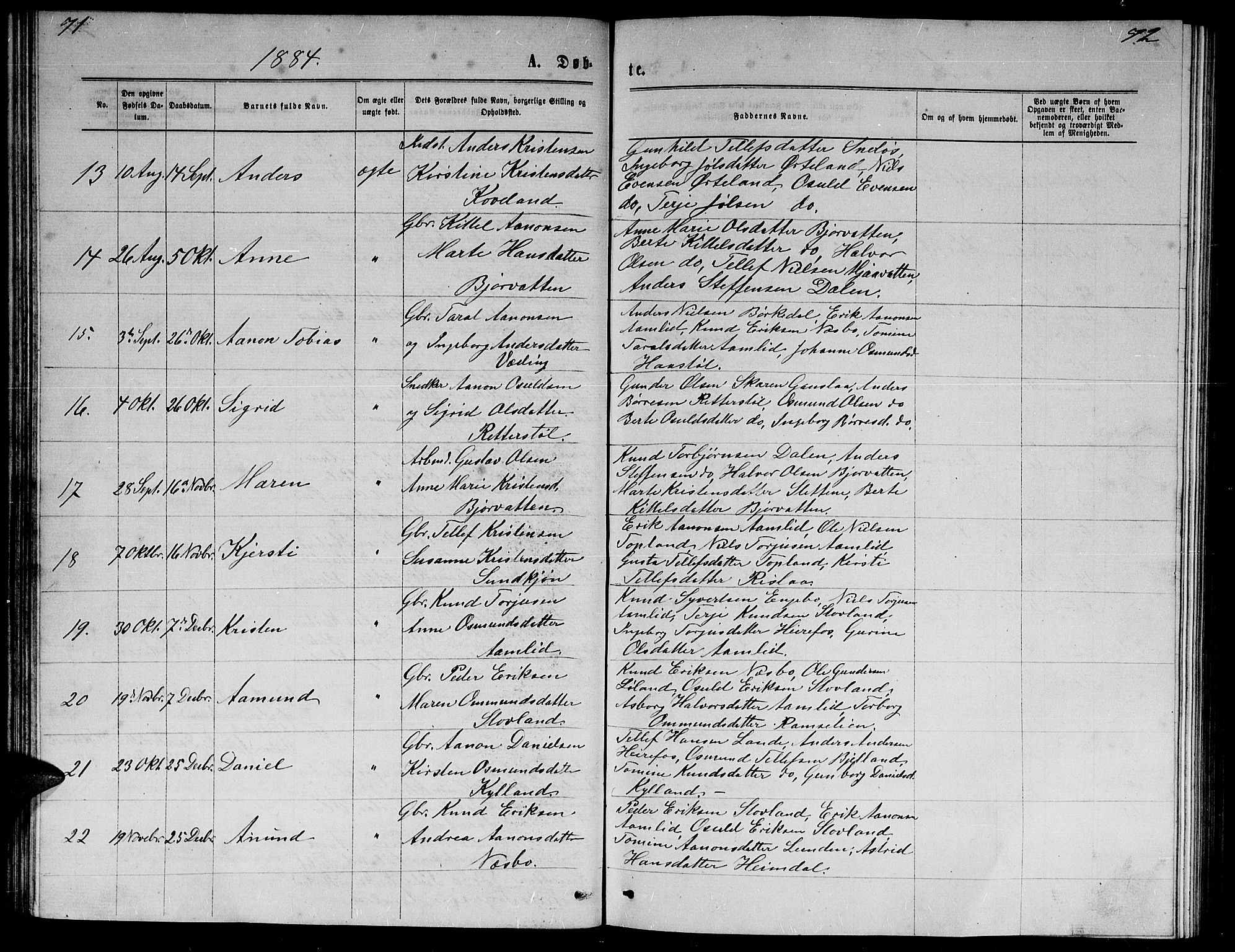 Herefoss sokneprestkontor, AV/SAK-1111-0019/F/Fb/Fba/L0002: Parish register (copy) no. B 2, 1868-1886, p. 71-72