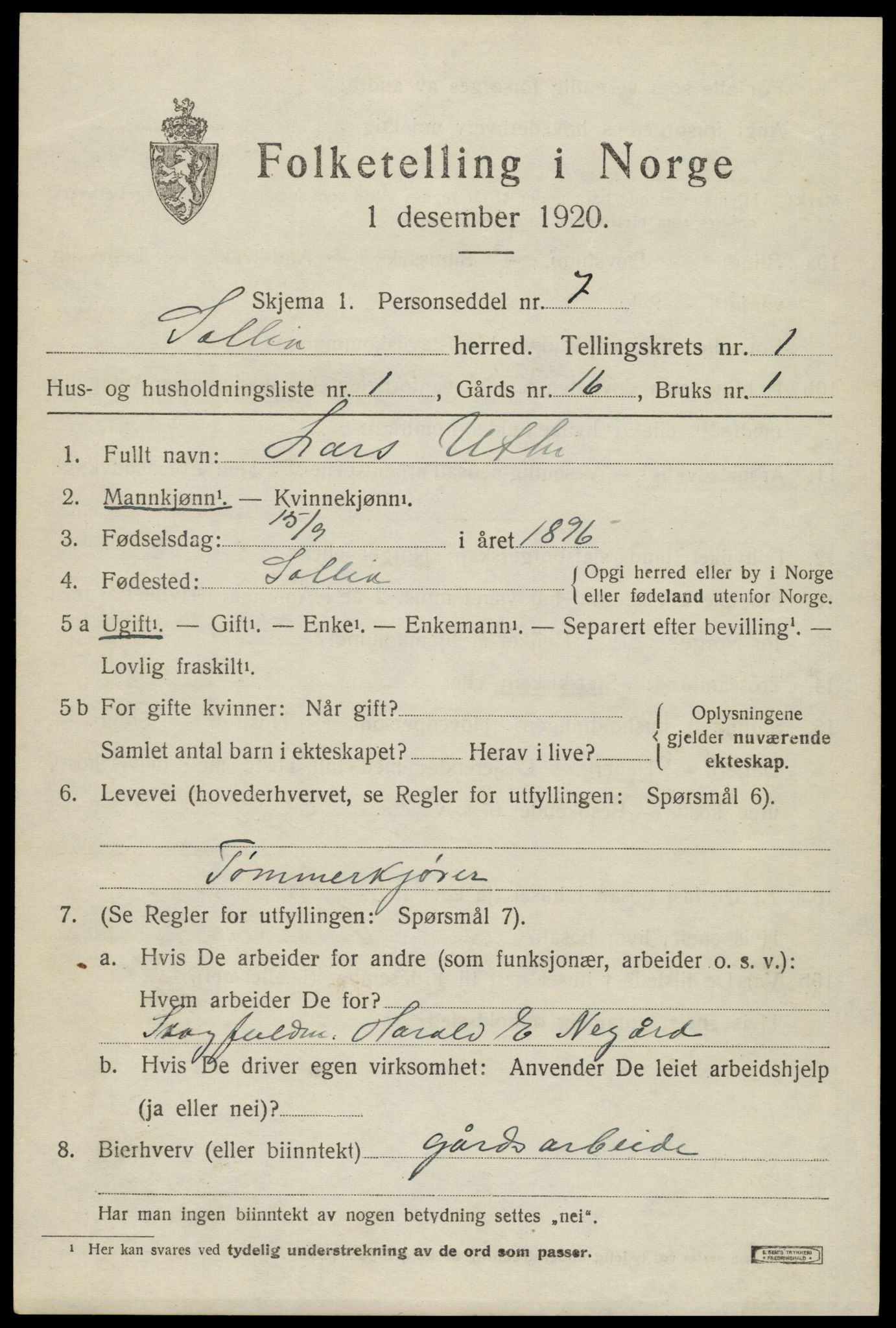 SAH, 1920 census for Sollia, 1920, p. 195