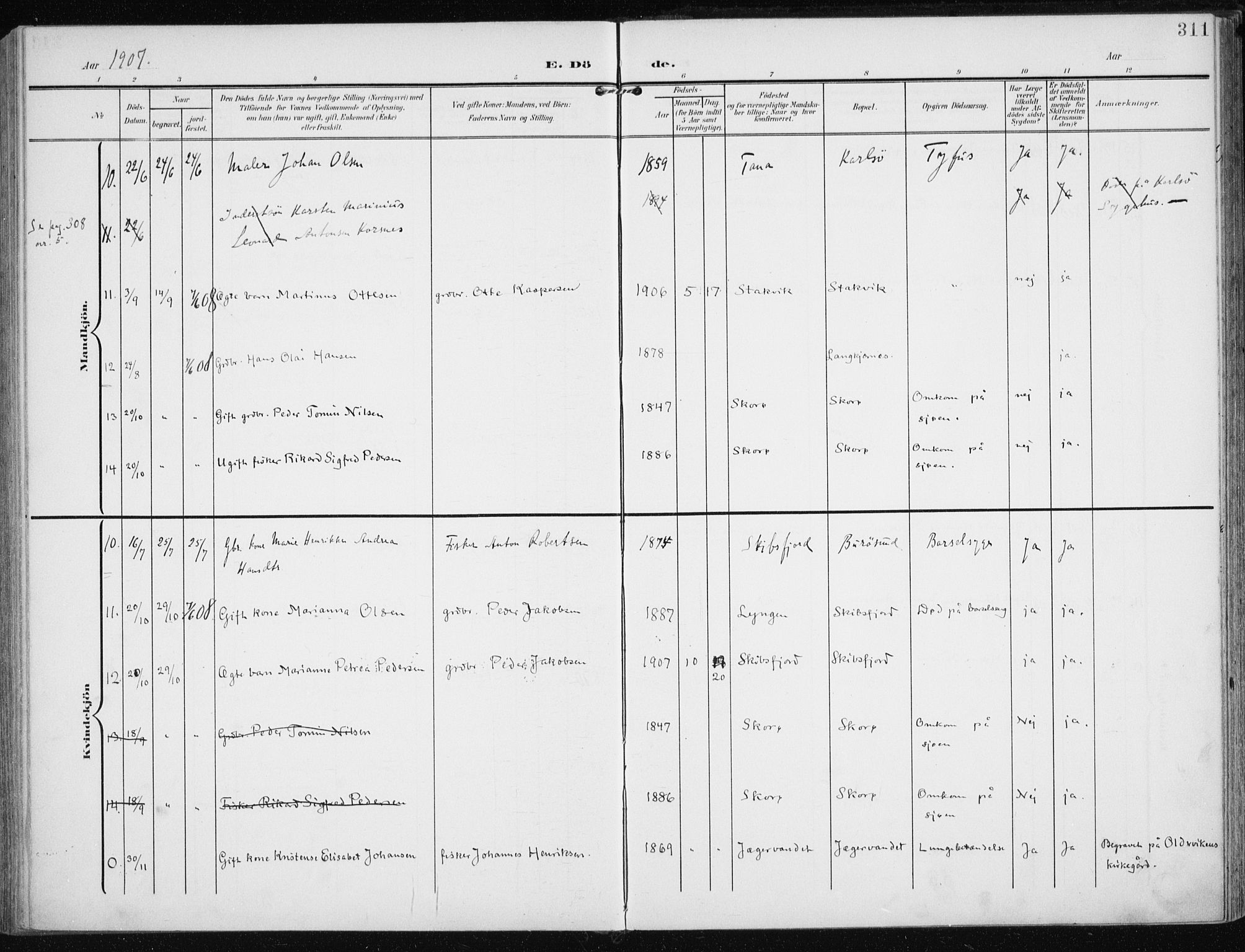 Karlsøy sokneprestembete, AV/SATØ-S-1299/H/Ha/Haa/L0014kirke: Parish register (official) no. 14, 1903-1917, p. 311