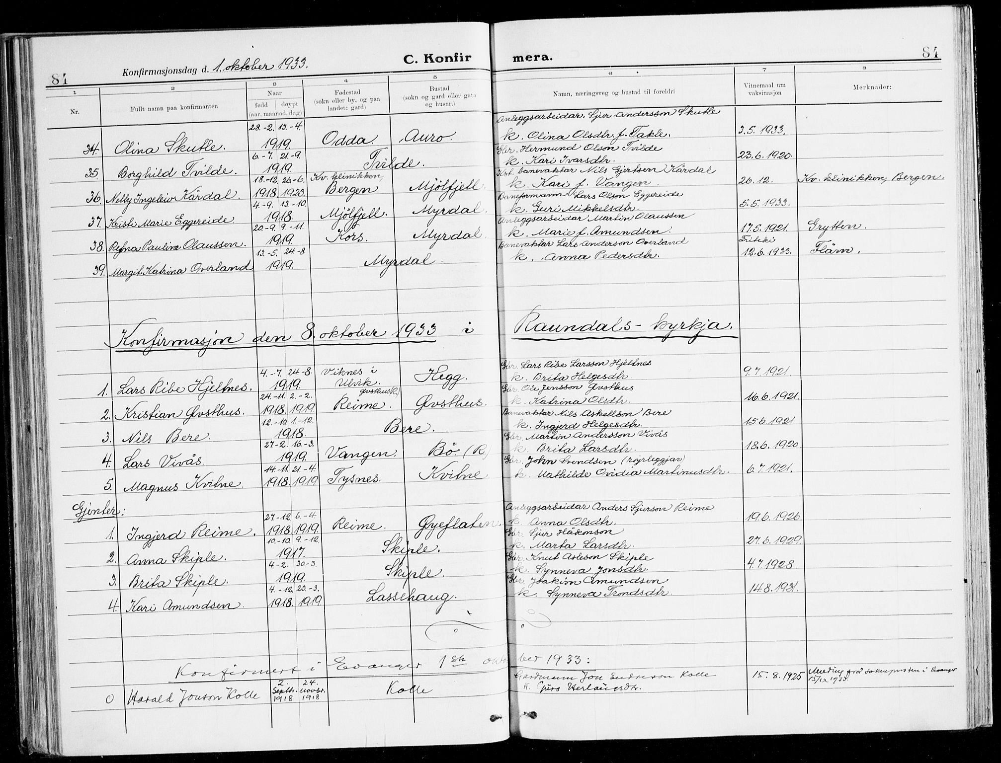 Voss sokneprestembete, AV/SAB-A-79001/H/Haa: Parish register (official) no. B 3, 1922-1942, p. 84