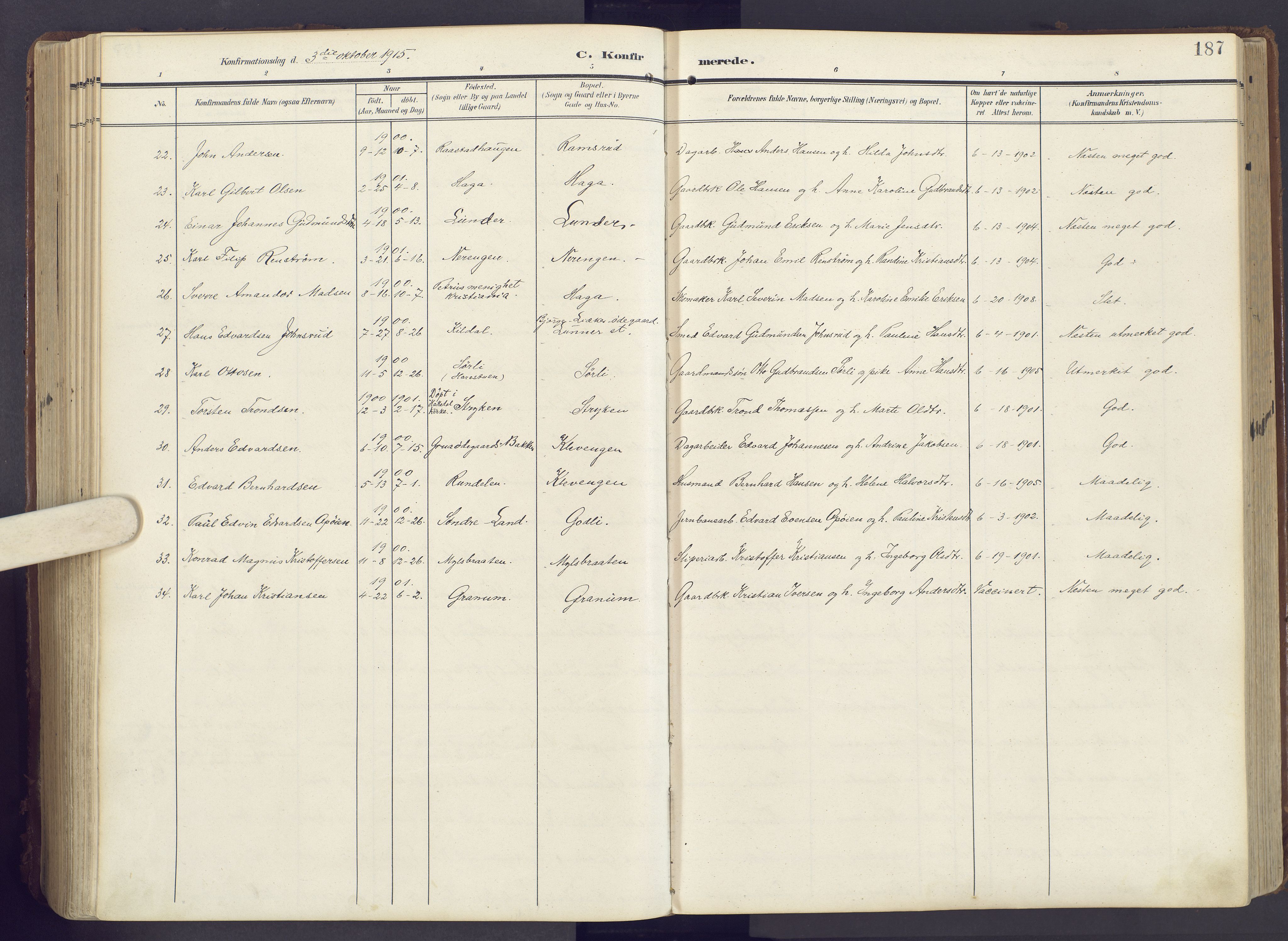 Lunner prestekontor, SAH/PREST-118/H/Ha/Haa/L0001: Parish register (official) no. 1, 1907-1922, p. 187