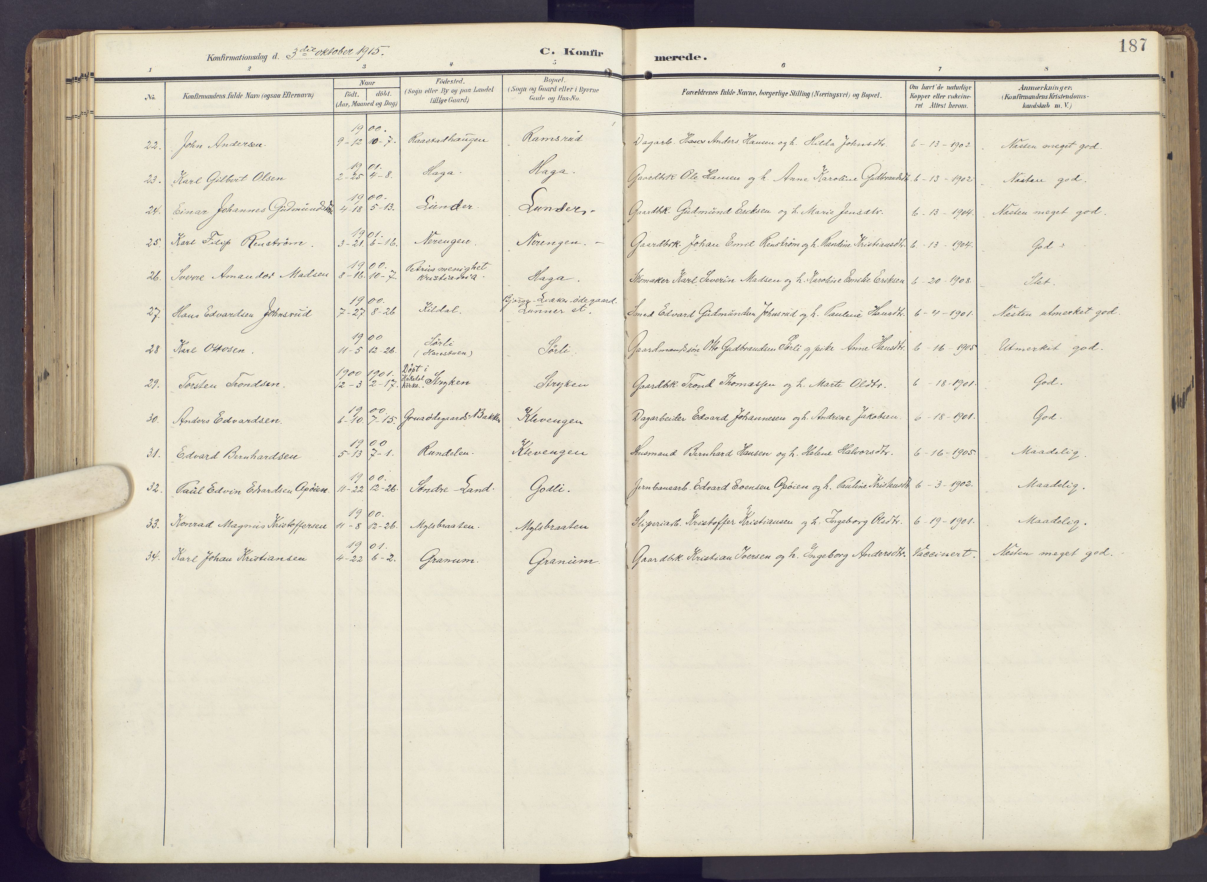 Lunner prestekontor, AV/SAH-PREST-118/H/Ha/Haa/L0001: Parish register (official) no. 1, 1907-1922, p. 187