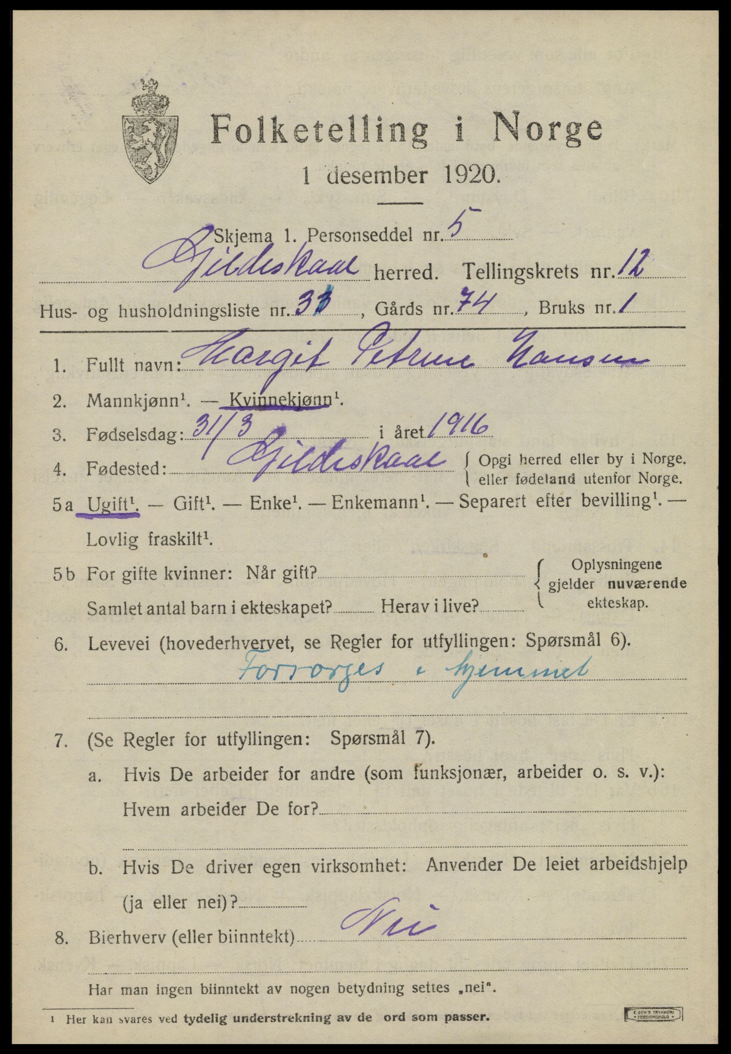 SAT, 1920 census for Gildeskål, 1920, p. 7654