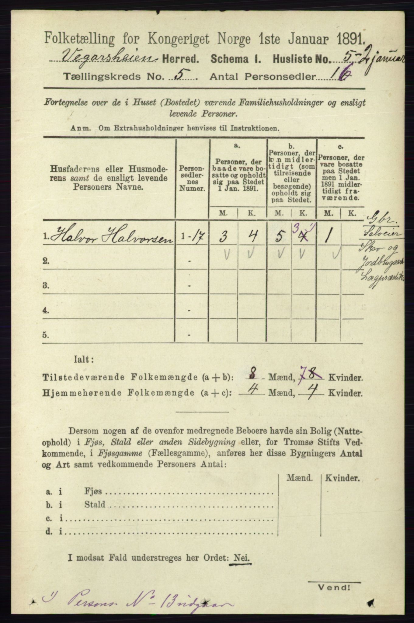 RA, 1891 census for 0912 Vegårshei, 1891, p. 947