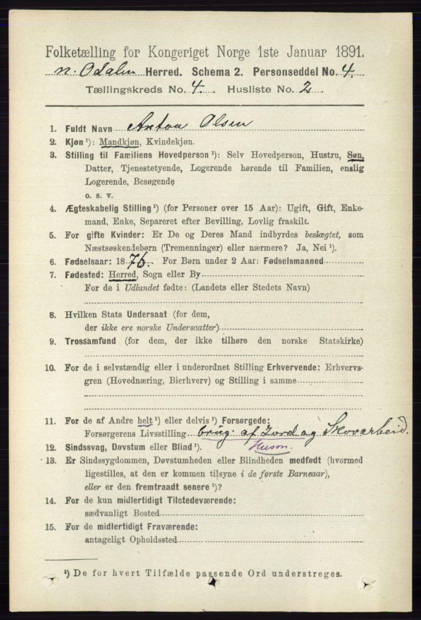 RA, 1891 census for 0418 Nord-Odal, 1891, p. 1273