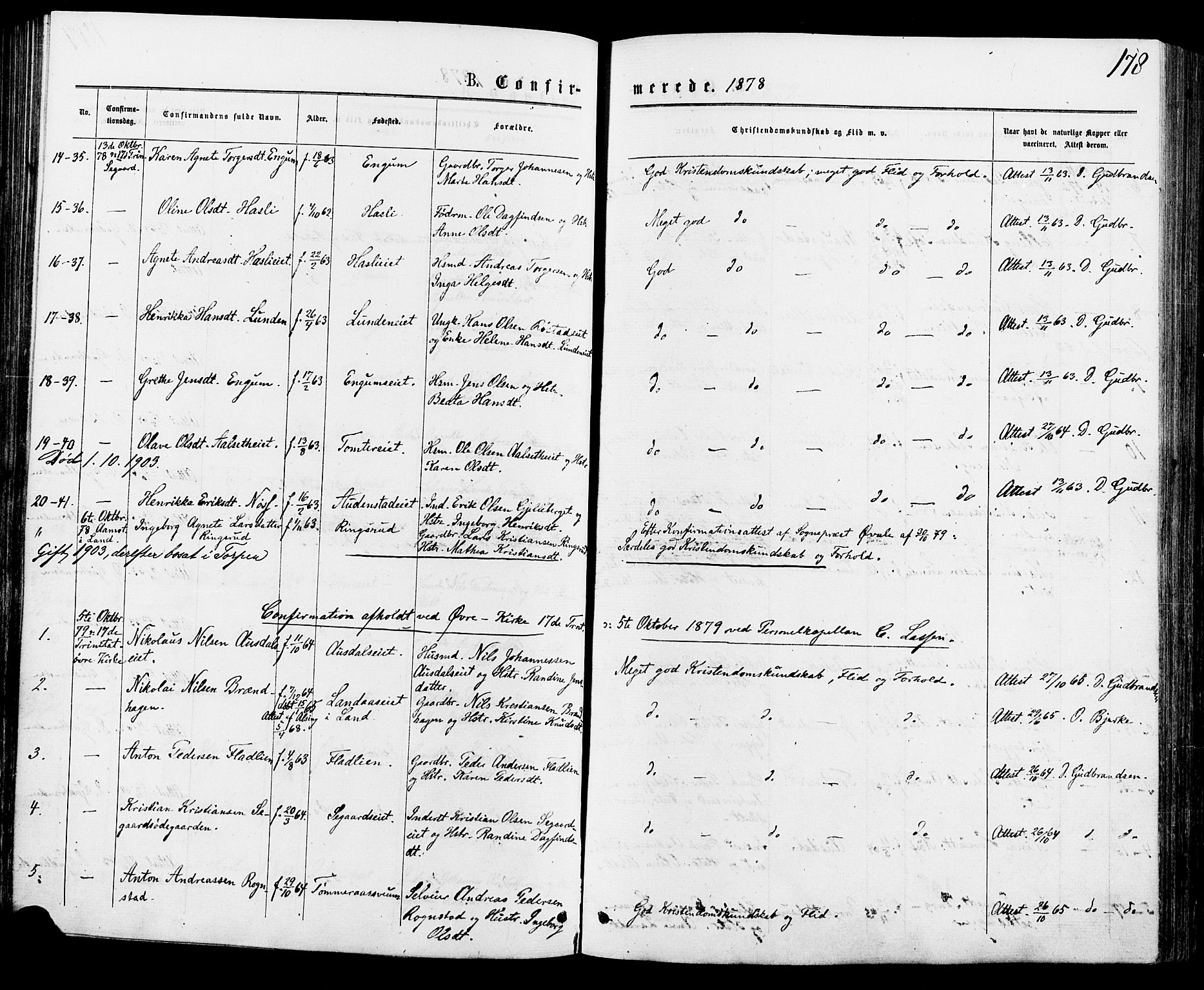 Biri prestekontor, SAH/PREST-096/H/Ha/Haa/L0006: Parish register (official) no. 6, 1877-1886, p. 178