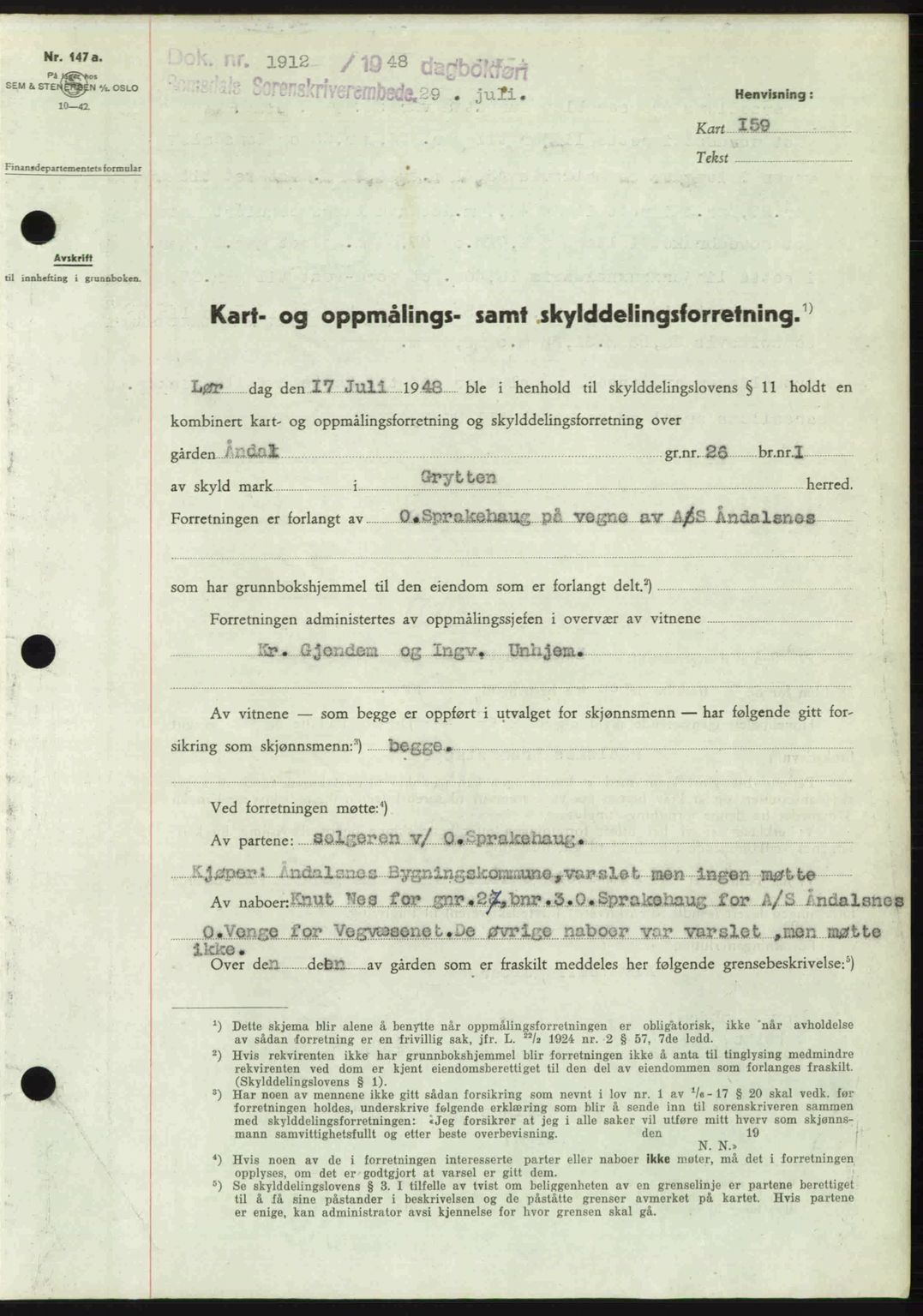 Romsdal sorenskriveri, AV/SAT-A-4149/1/2/2C: Mortgage book no. A26, 1948-1948, Diary no: : 1912/1948