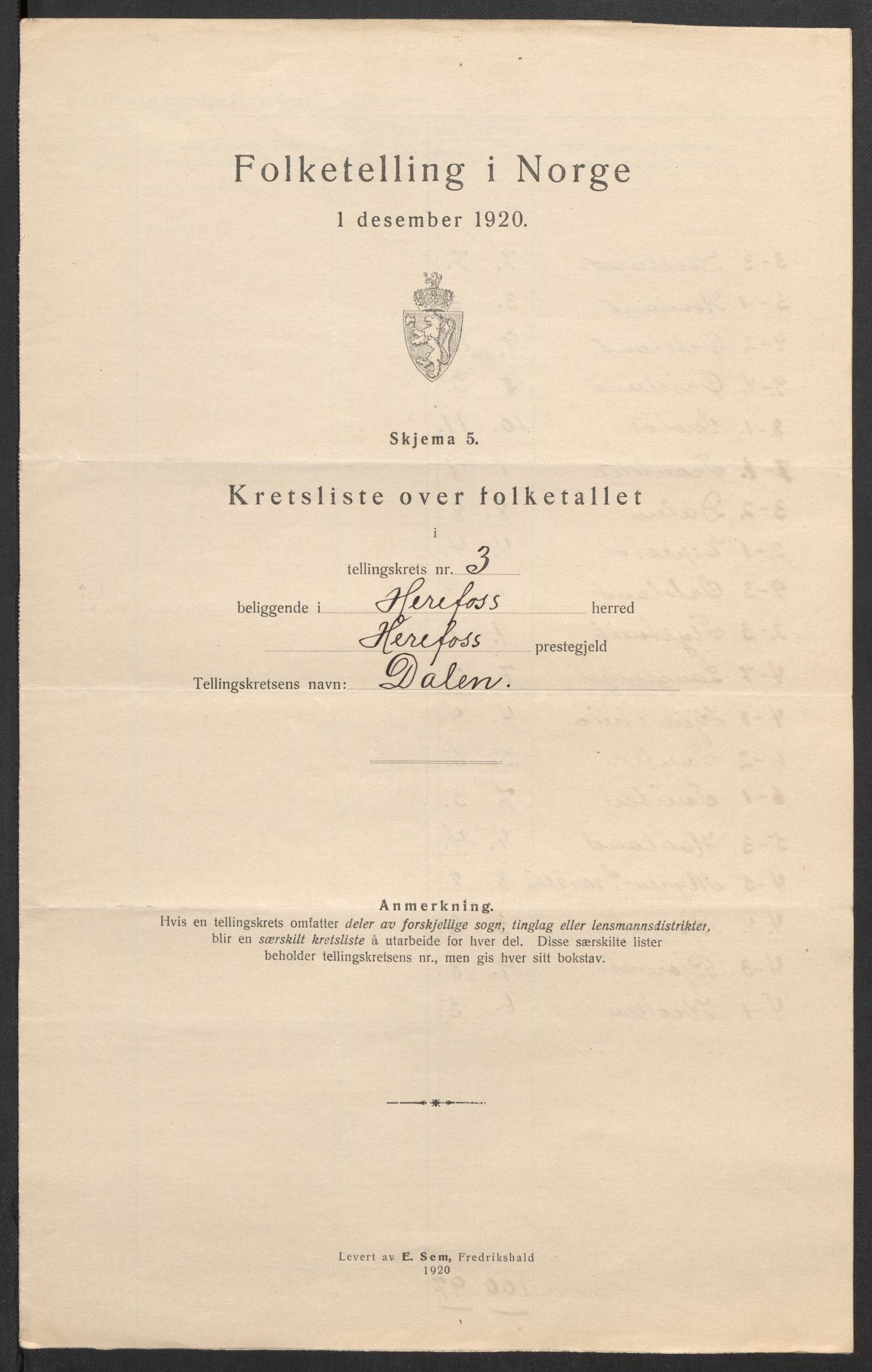 SAK, 1920 census for Herefoss, 1920, p. 12