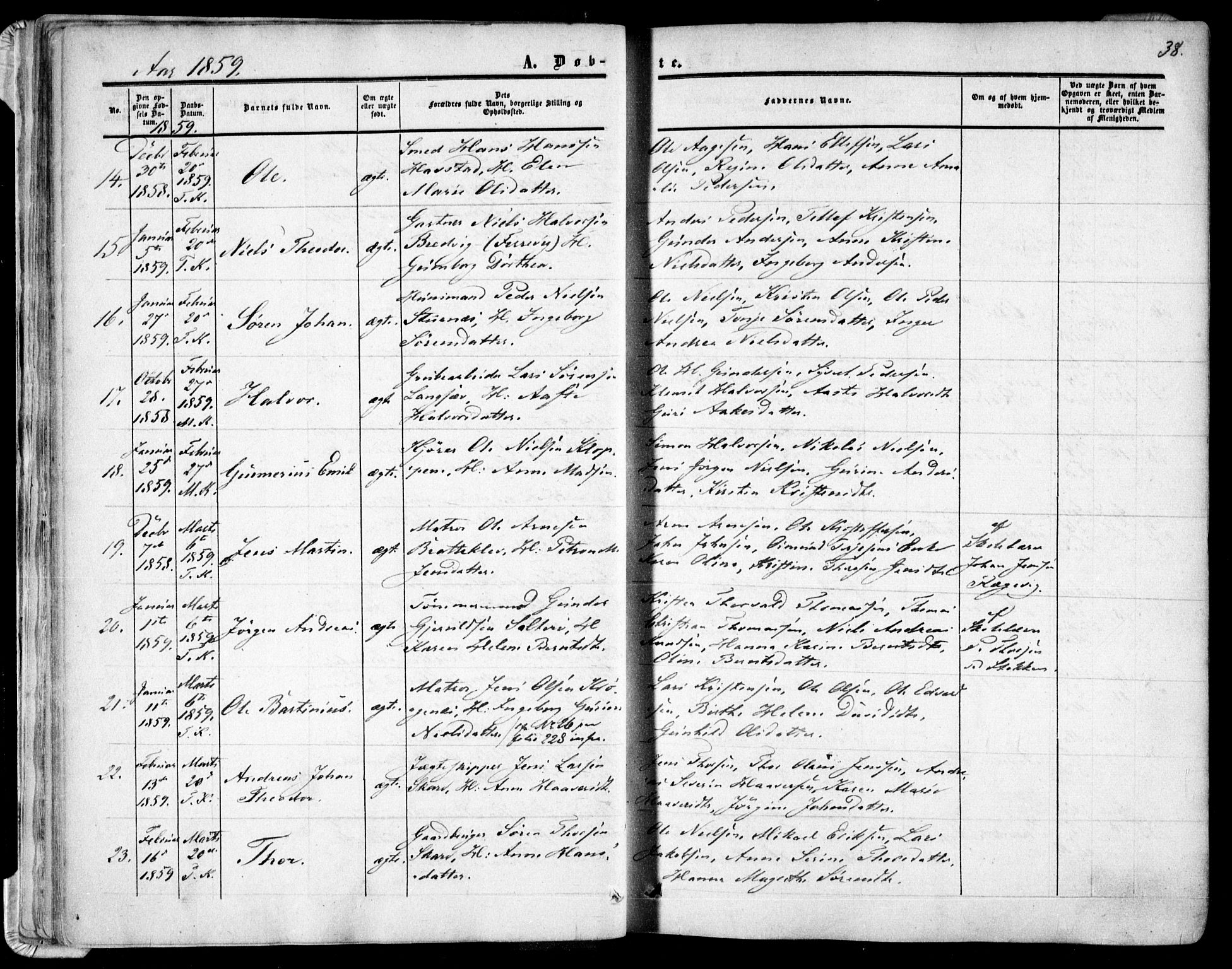 Tromøy sokneprestkontor, AV/SAK-1111-0041/F/Fa/L0006: Parish register (official) no. A 6, 1855-1863, p. 38