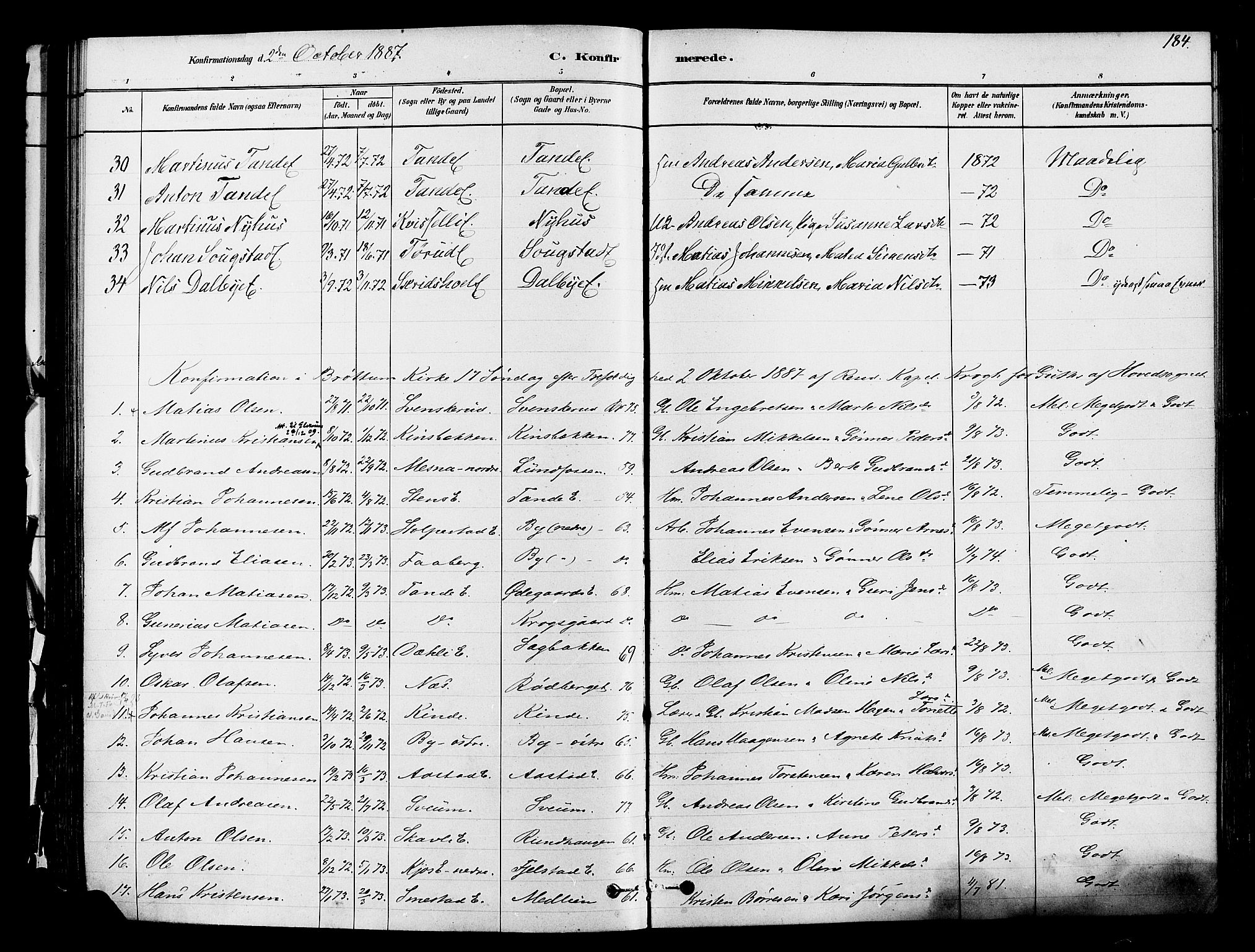 Ringsaker prestekontor, AV/SAH-PREST-014/K/Ka/L0012: Parish register (official) no. 12, 1879-1890, p. 184