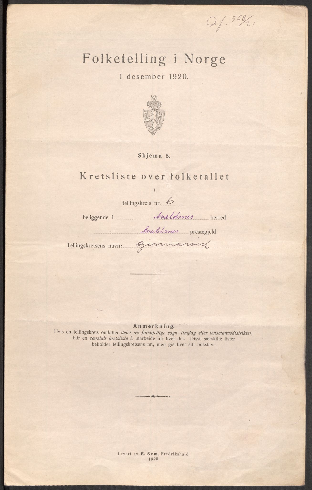 SAST, 1920 census for Avaldsnes, 1920, p. 26